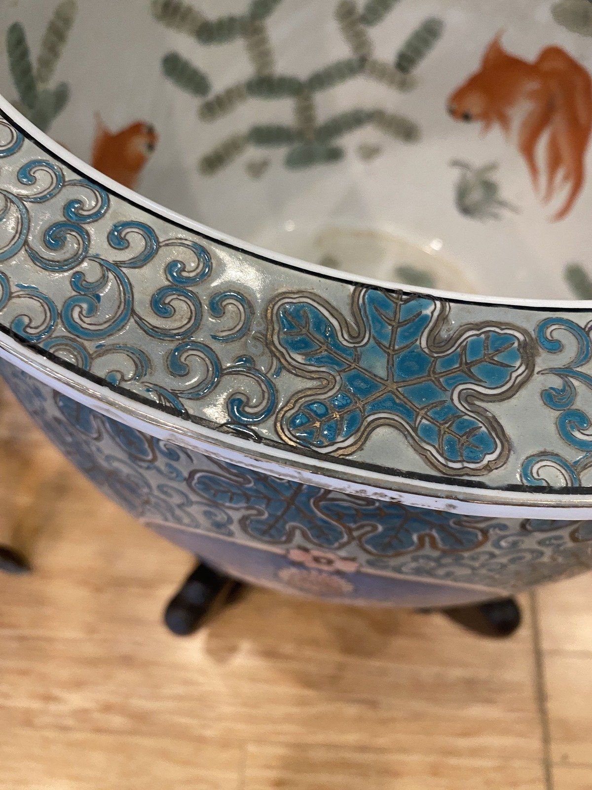 Lovely Blue Koi Interior Porcelain Fish Bowl Planter w Stand 6