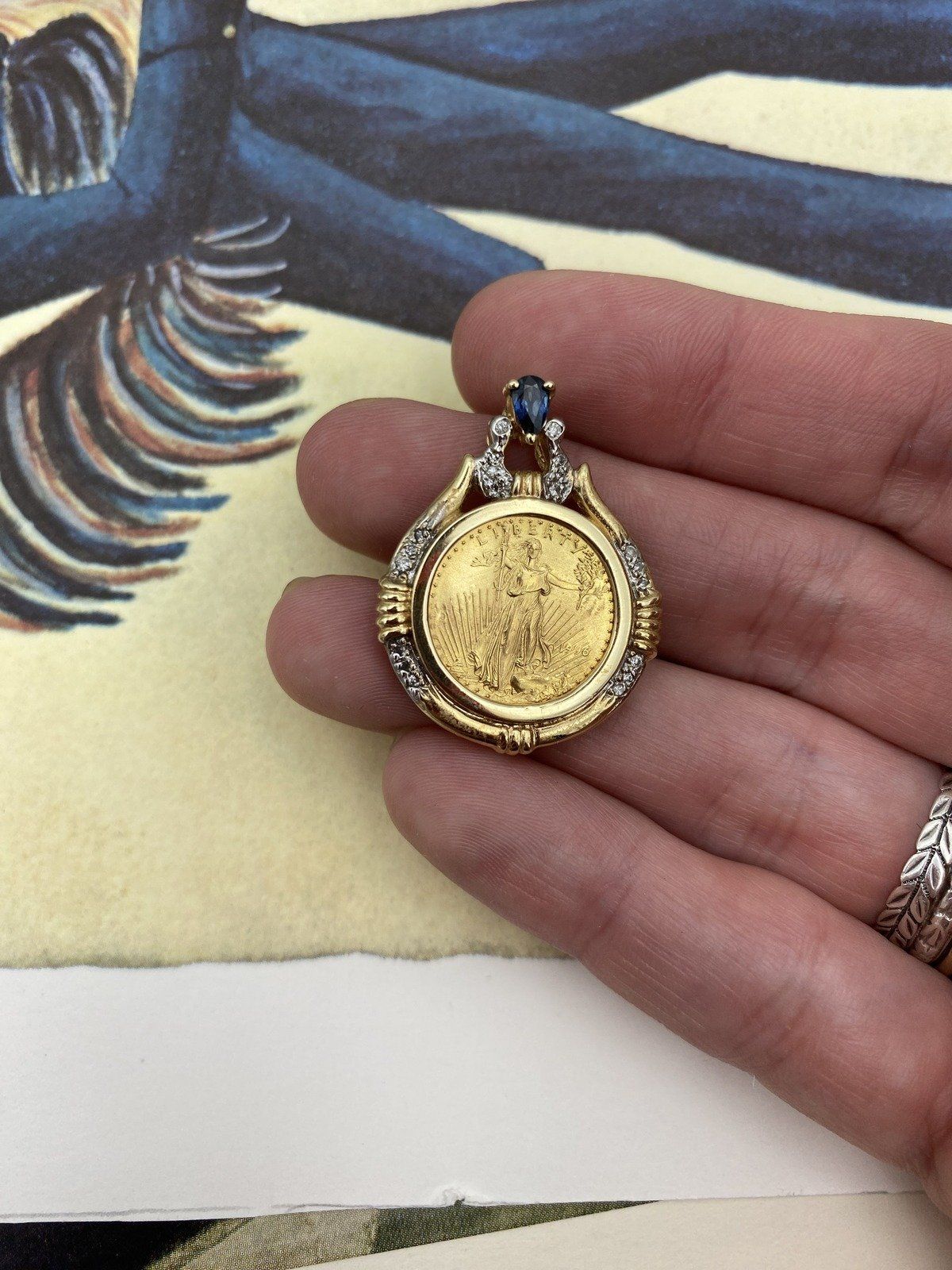 1/10 oz $5 American Gold Eagle Coin with 14k Ornate Dual Gold Bezel + Sapphire & Diamond Accents 4