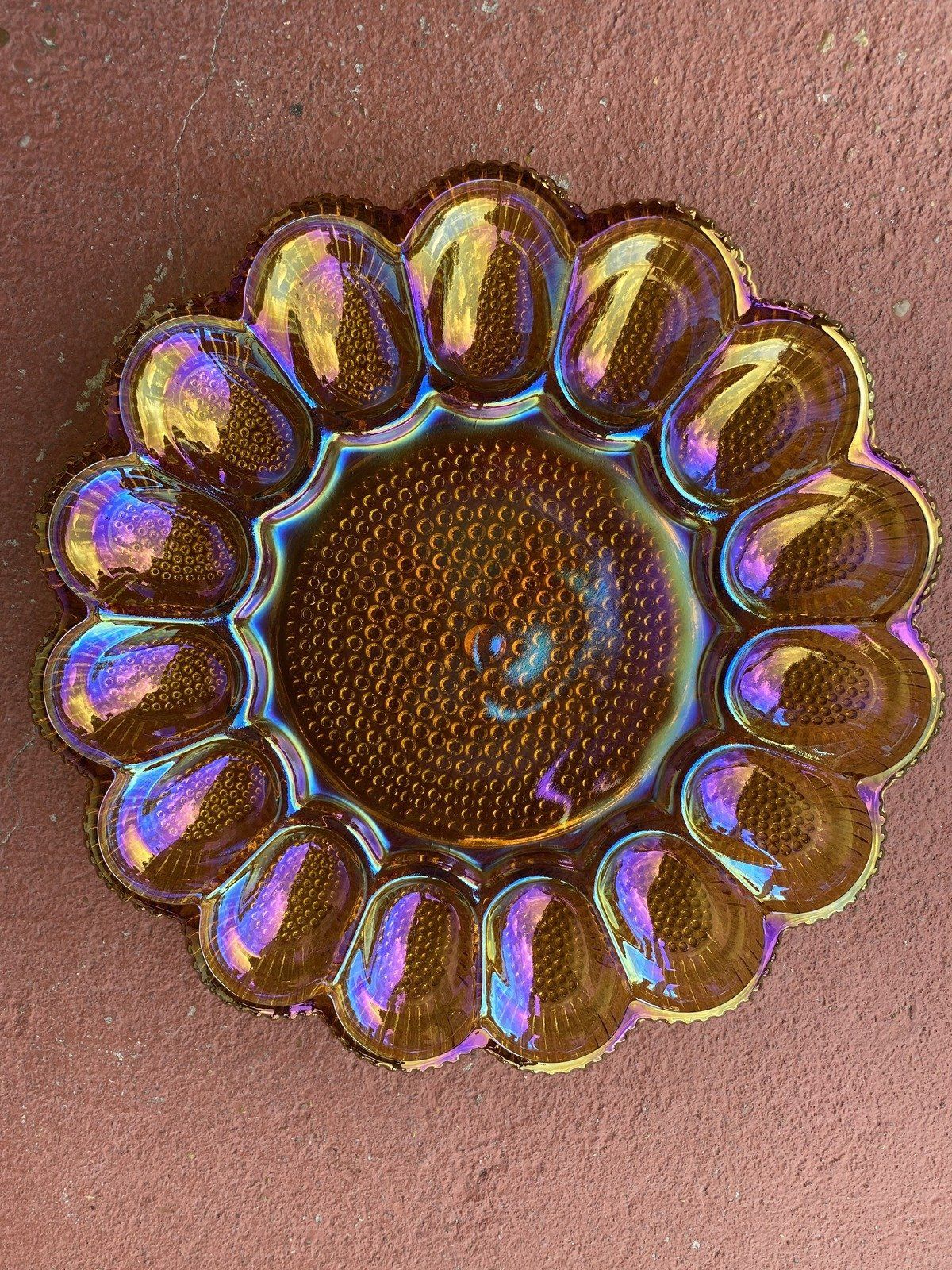 Marigold Vintage Carnival Glass Deviled Egg Scalloped + Hobnail Platter 11