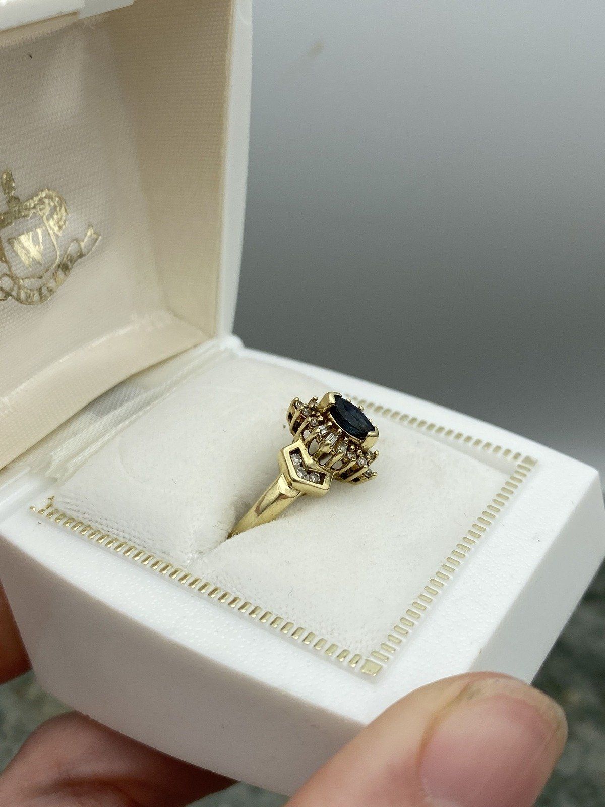 10k Natural Blue Sapphire Marquise + Diamond Ring 2