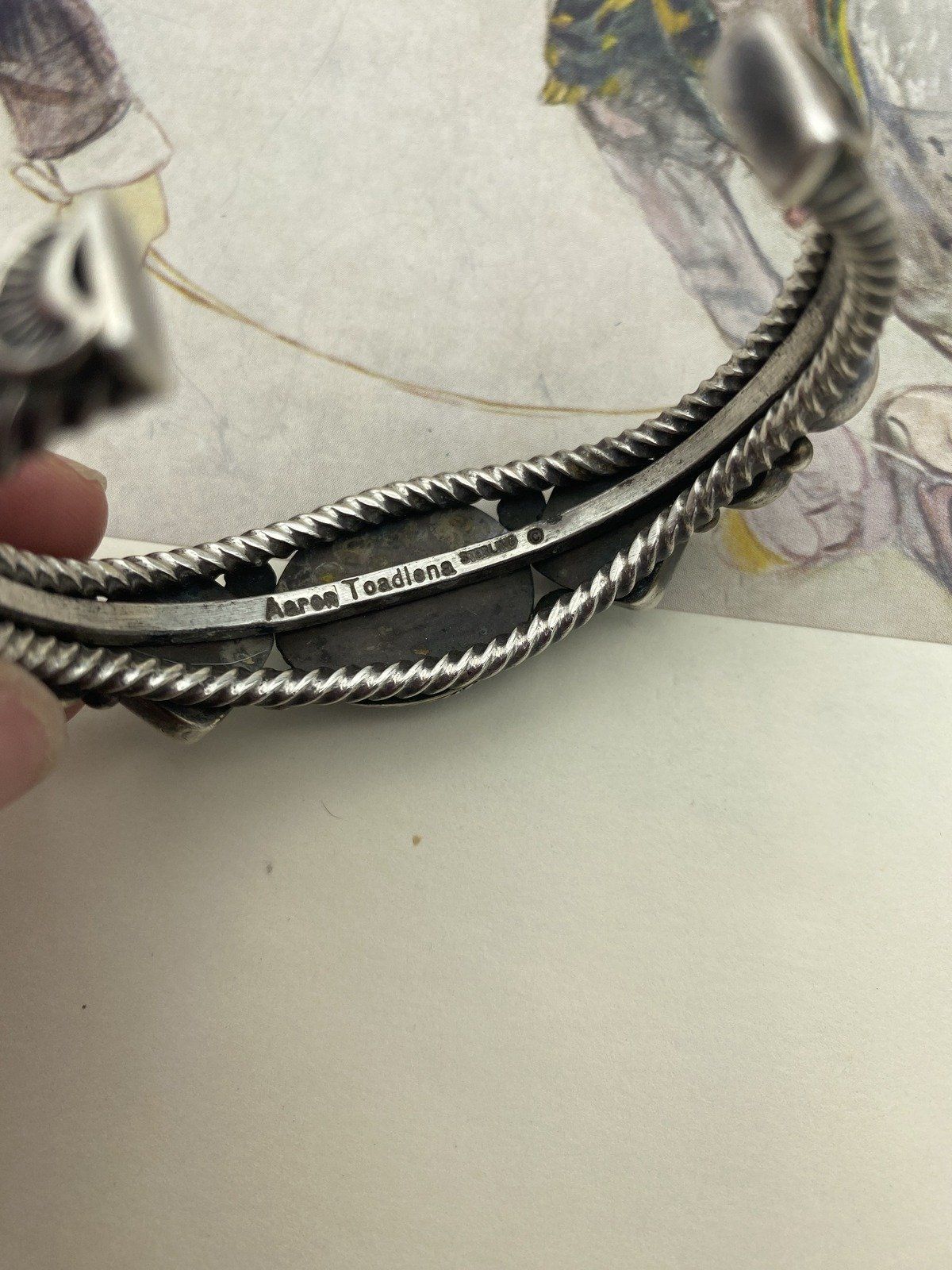 Signed Native American Arron Toadlena Sterling Silver Turquoise + Spiny Oyster Cuff Bracelet 2