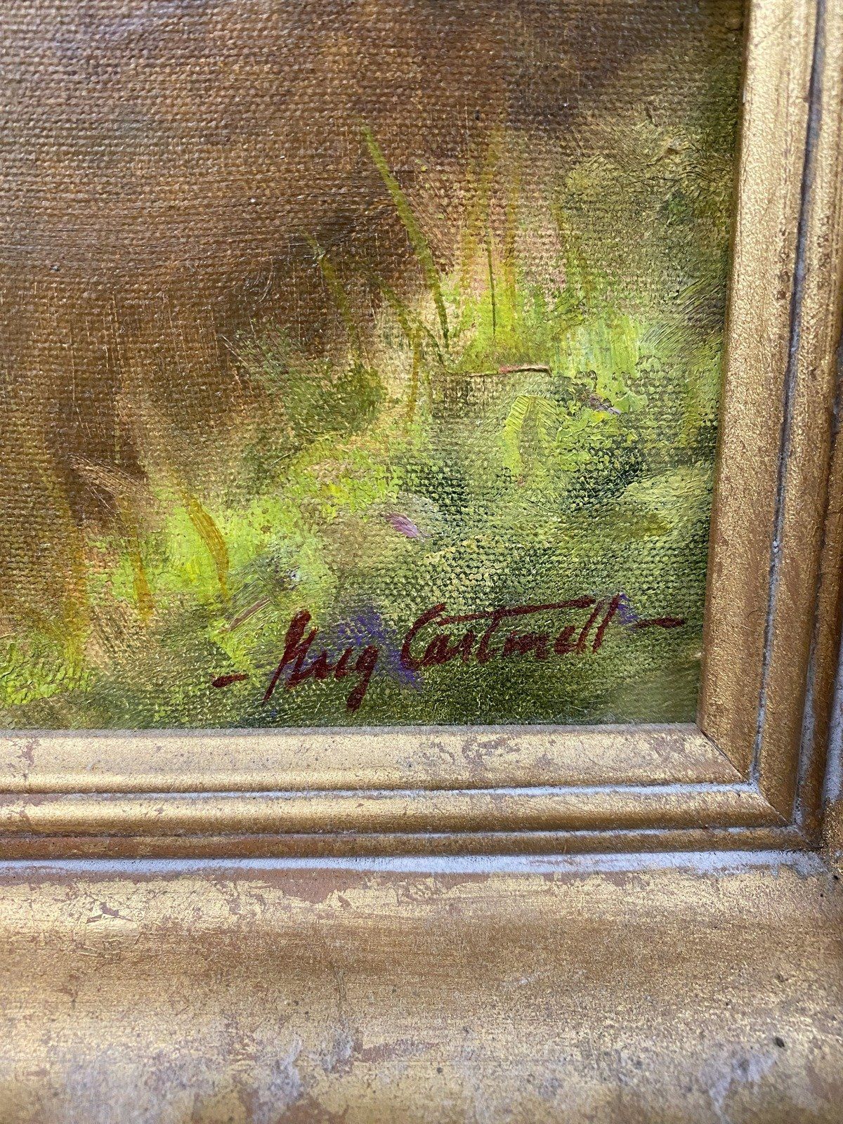 MS Artist Signed Original Greg Cartmell Impressionistic Stream w Heron Framed 22x18 Oil Painting 4