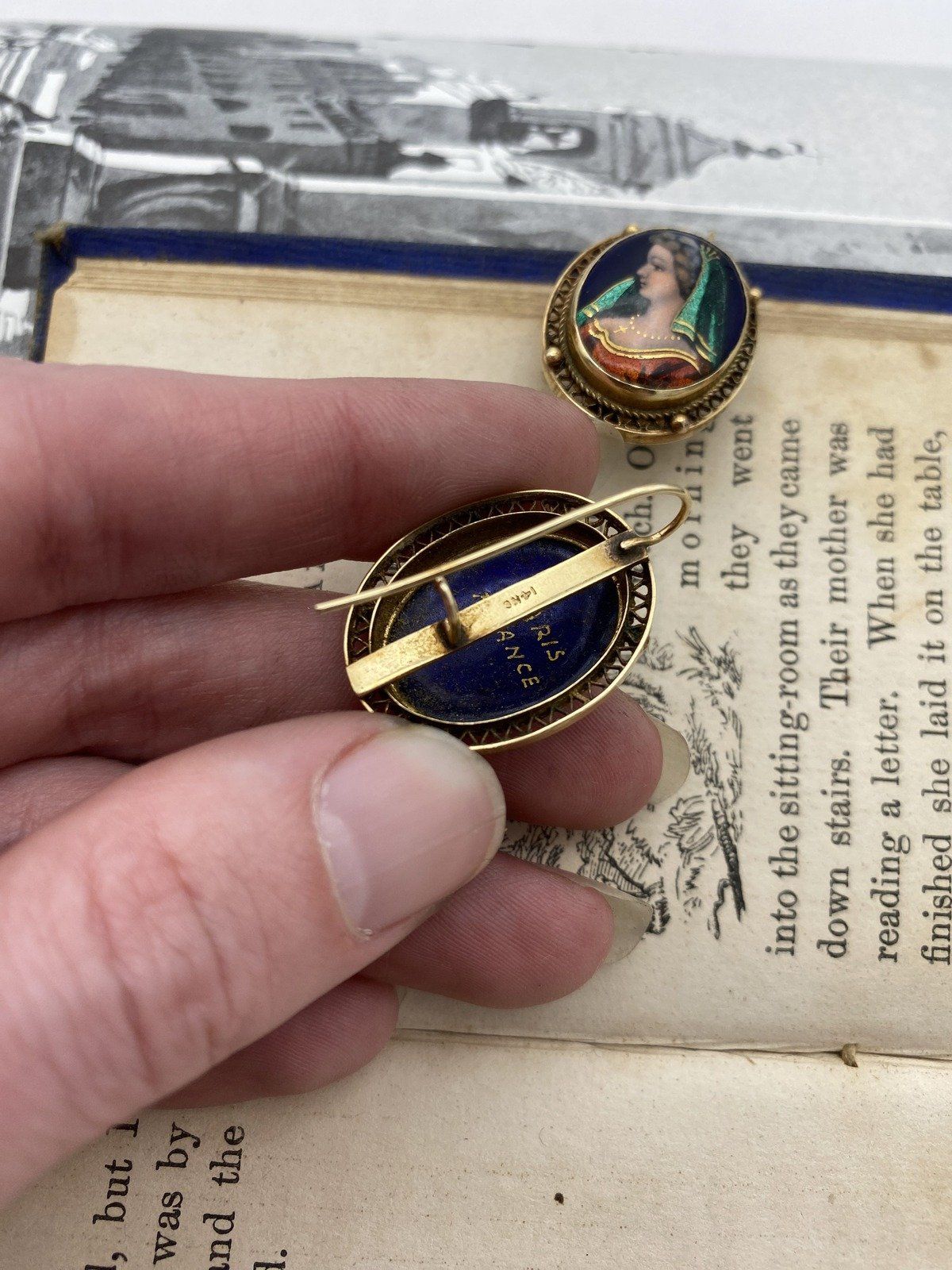French Antique 14k Enameled Miniature Portrait Filigree Framed Drop Earrings 7