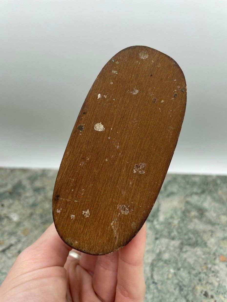 Shapely Wooden Three Spot Candle Stick Holder w Iron Crescent Center 4