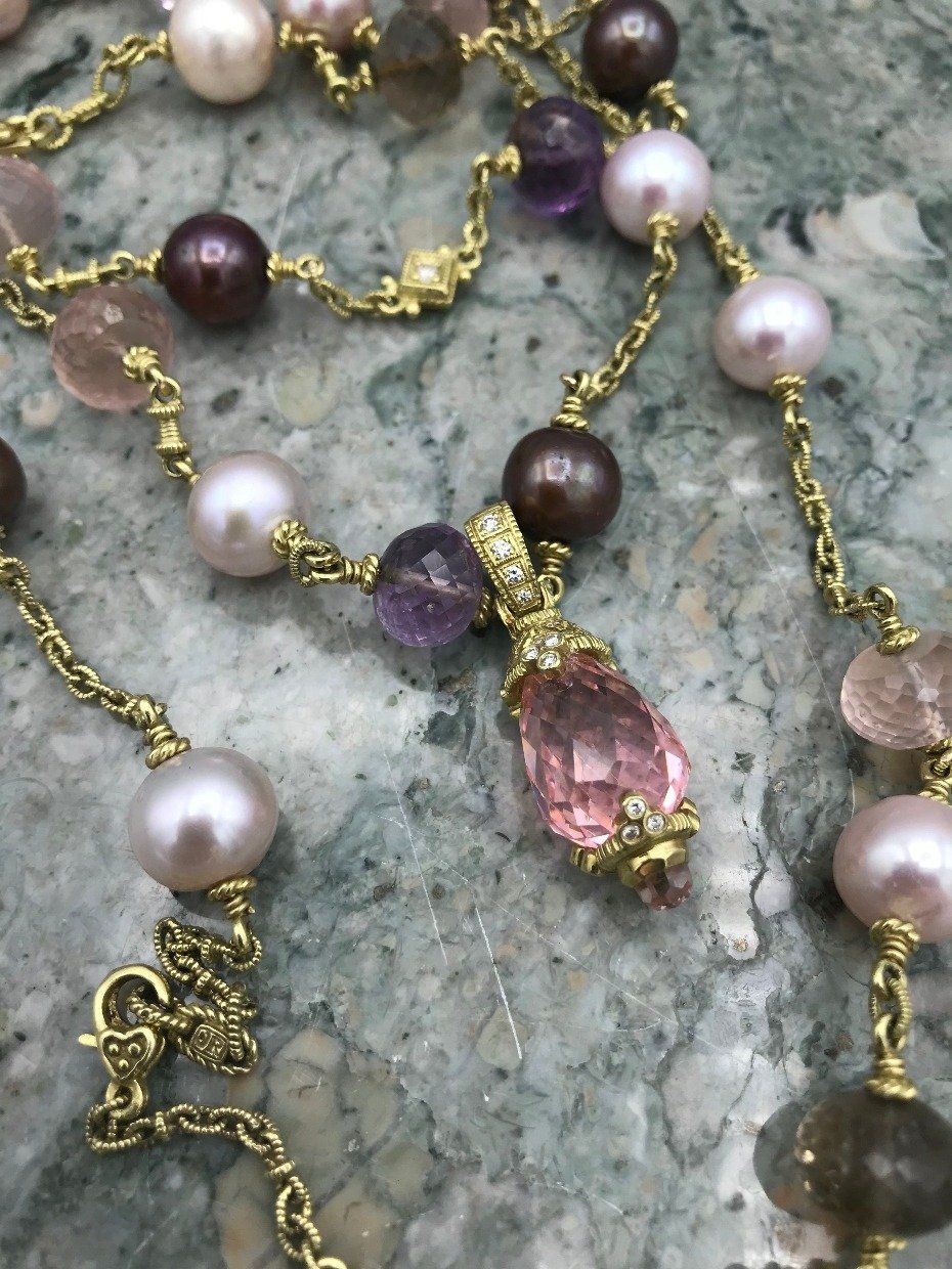 Designer Vintage 18k Gold Judith Ripka Diamond + Rose Qtz + Pearl 4pc Parure *SET* 2