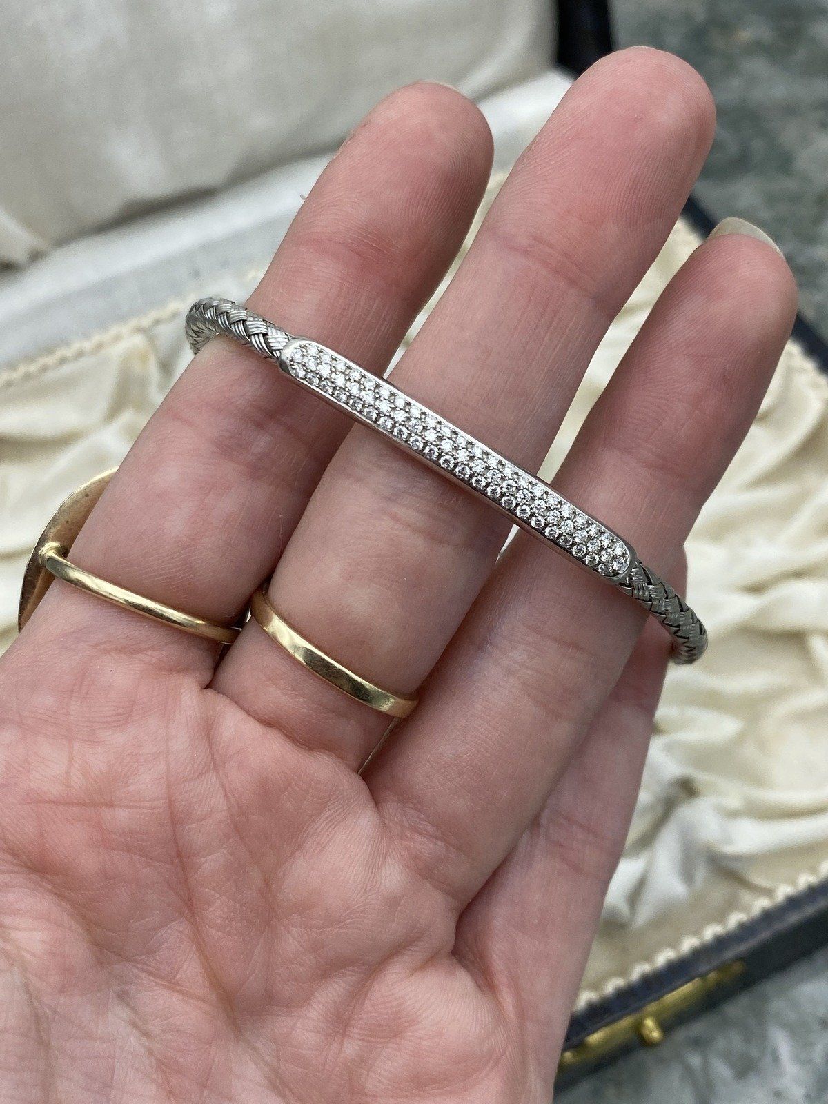 14k White Gold Woven Wire Pave Diamond Bangle Bracelet 7L #2539 6