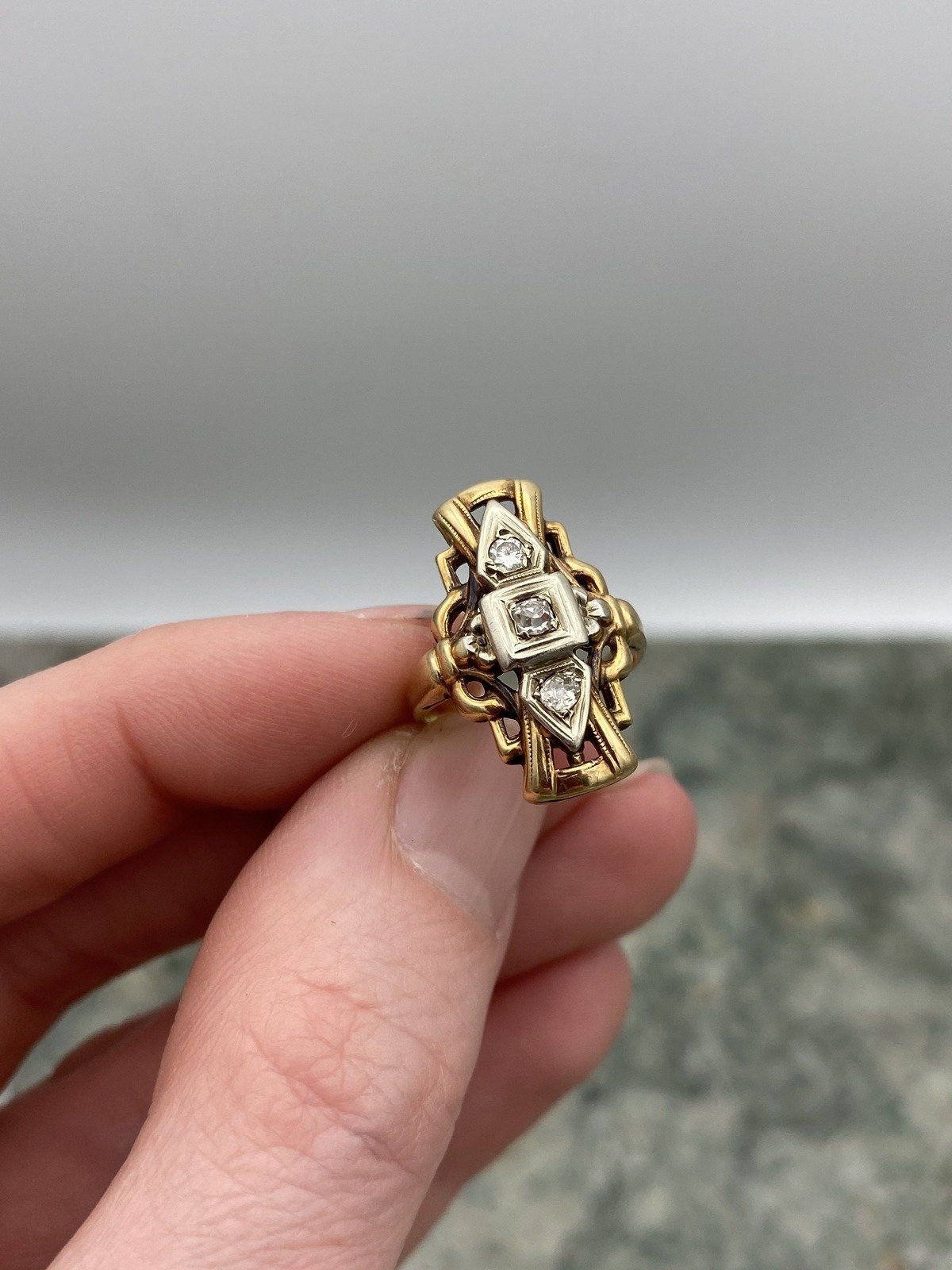 Antique 14k Gold Skeletal Diamond Navette Ring w White Gold Setting #2768 8
