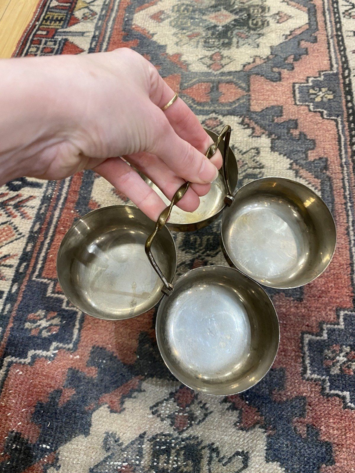 Vintage India Made 4x Vessel Brass Chopala Spice/Incense Dish w Handle 7