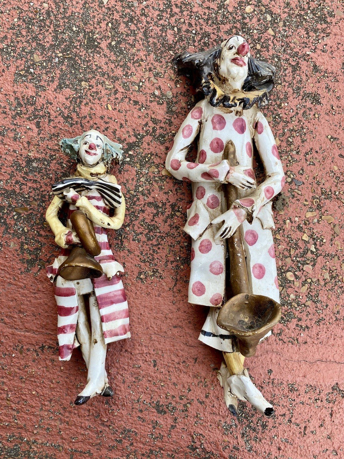Pair of Vintage Handmade Pottery Painted Hobo Pucci Style Clown Scluptures