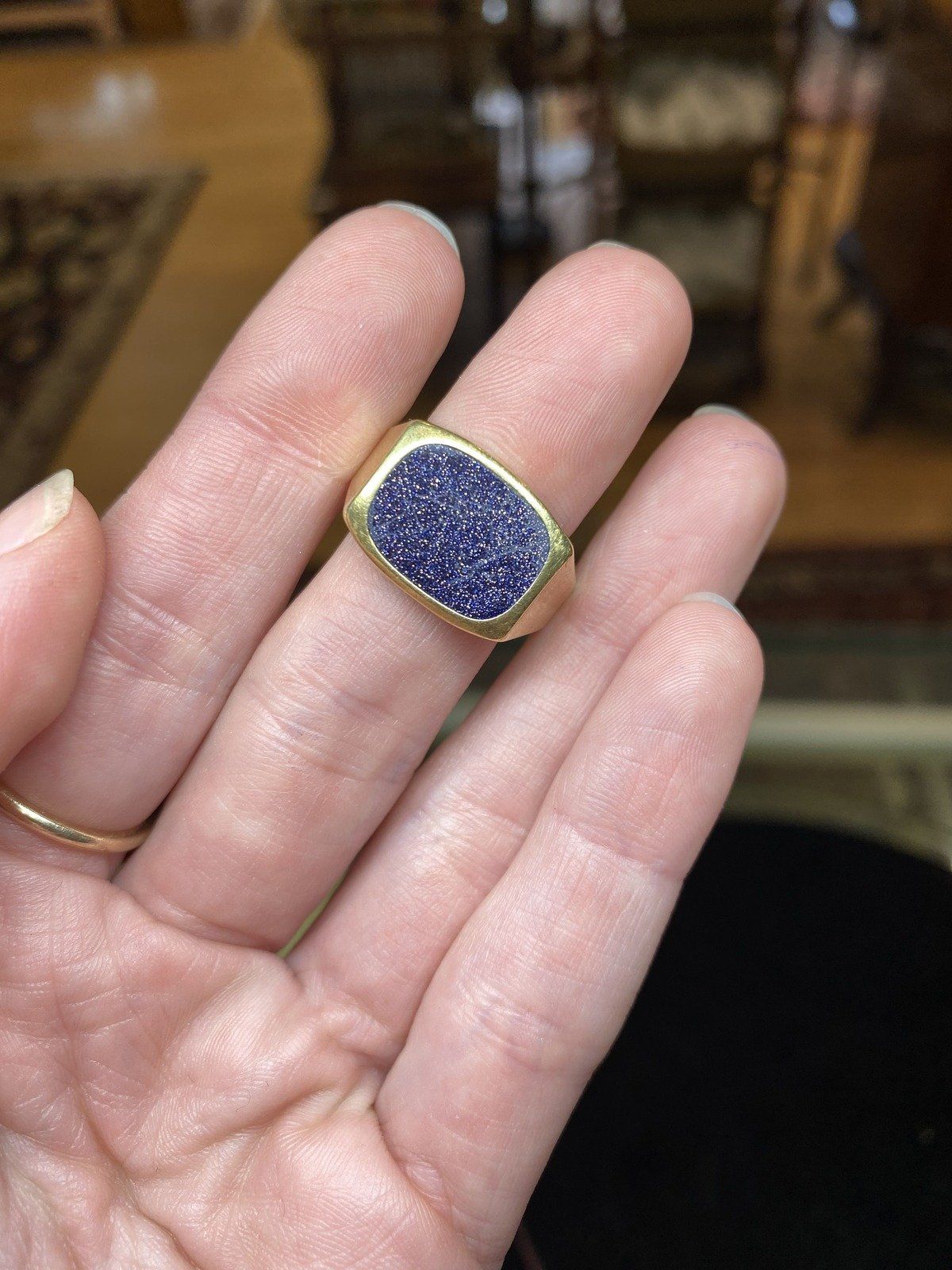 Men's Vintage 14k Gold Dutch Made Blue Goldstone Flush Bezel Ring 7