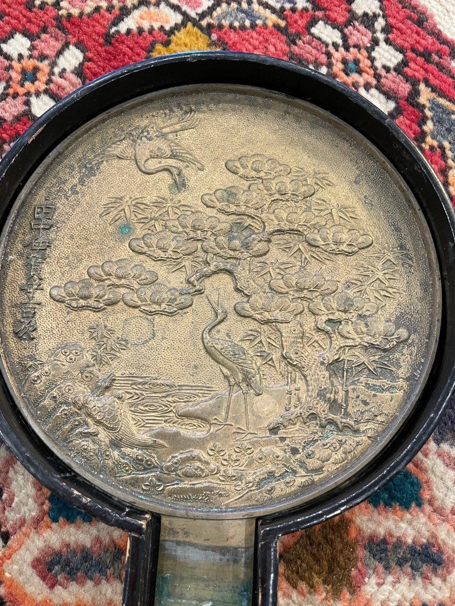 Atq Late 19th c. Japanese Bronze + Steel Repousse Hand Mirror + Laquer Box 3