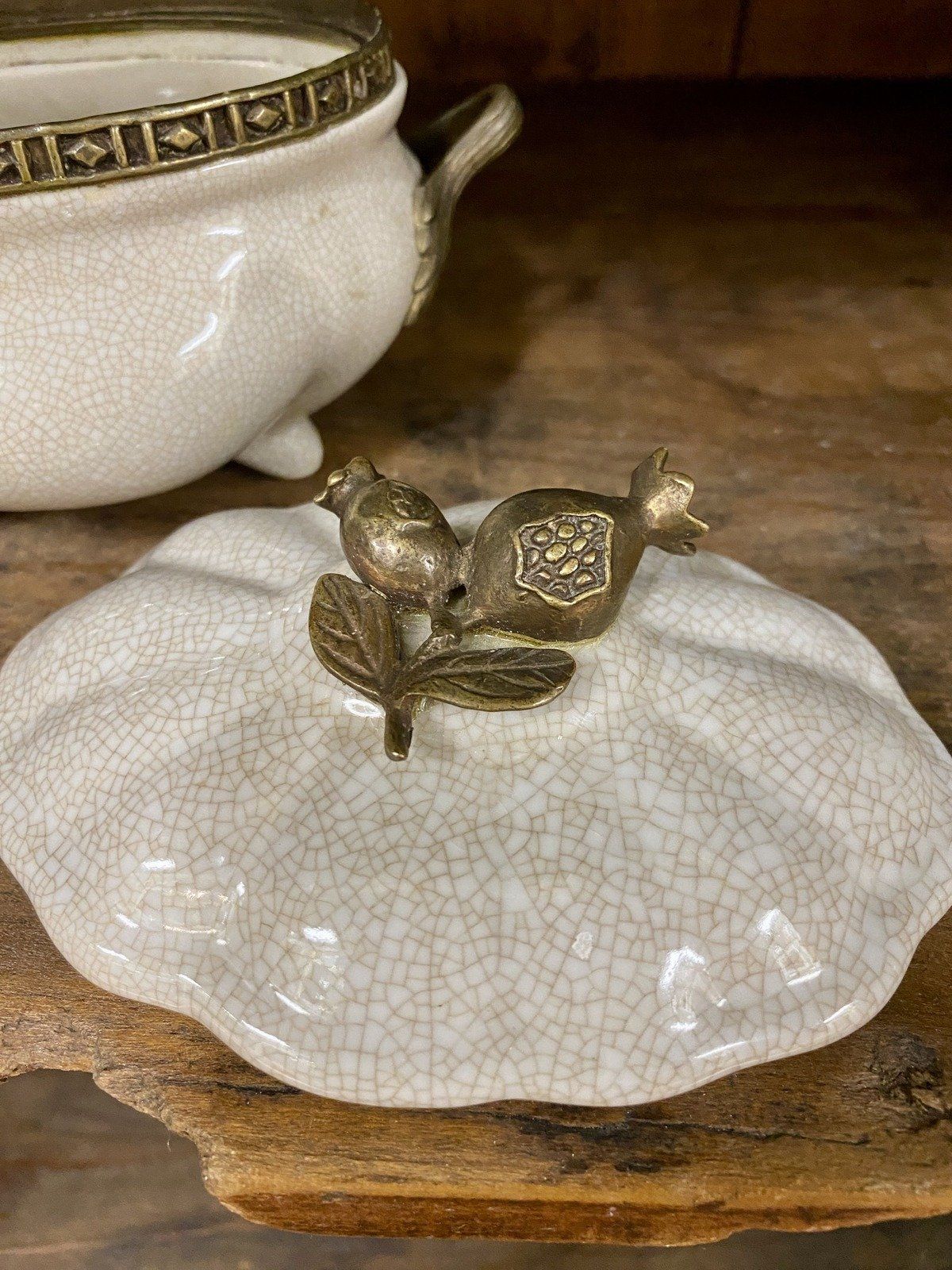 Taupe Crazed Ceramic + Bronze Pomegranate Lidded Storage Box w Handles 10