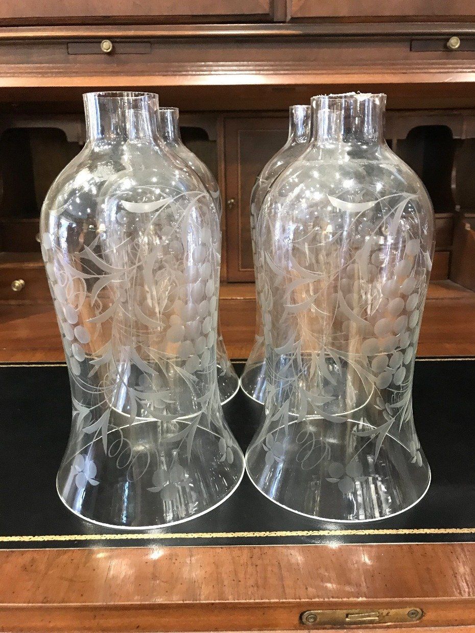Set of 4 19th C. Crystal Etched Chandelier Globes