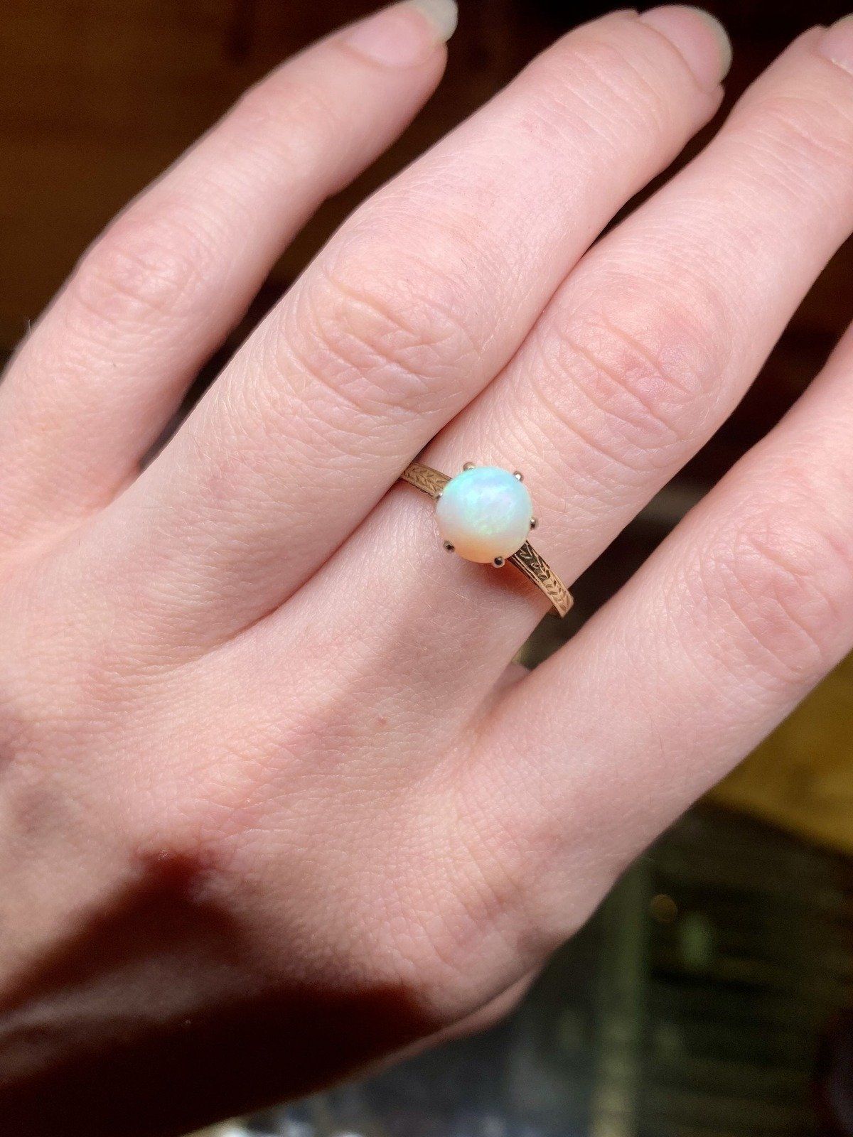 Antique Edwardian 14k Gold Matte Domed Opal Ring w Ornately Etched Setting #2734 2