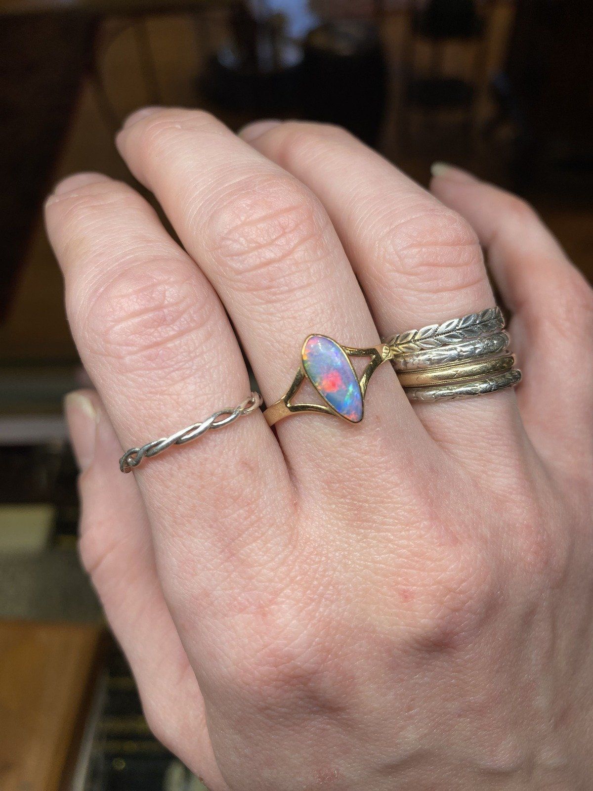 Lovely Narrow Pear 14k Gold Black Opal Ring w Lovely Fire + Split Shoulder Design 11