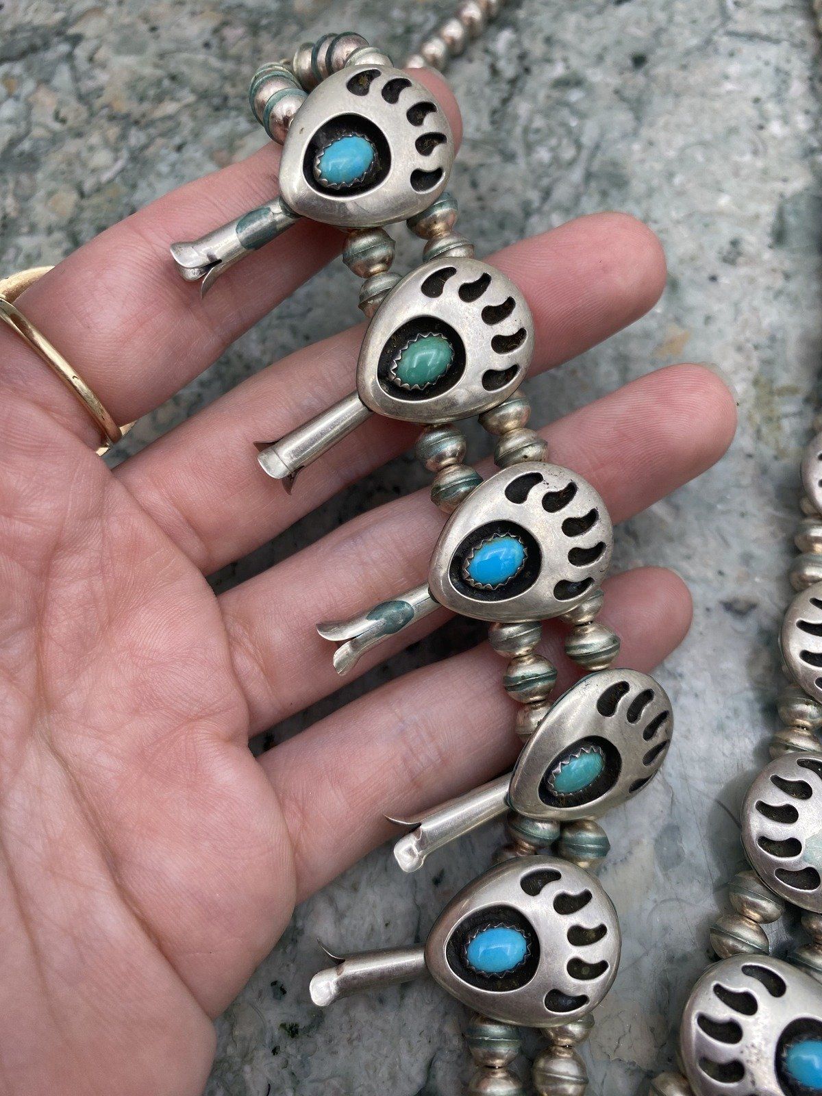Vintage Sterling Silver Signed GJ Native American Bear Paw + Turquoise 5