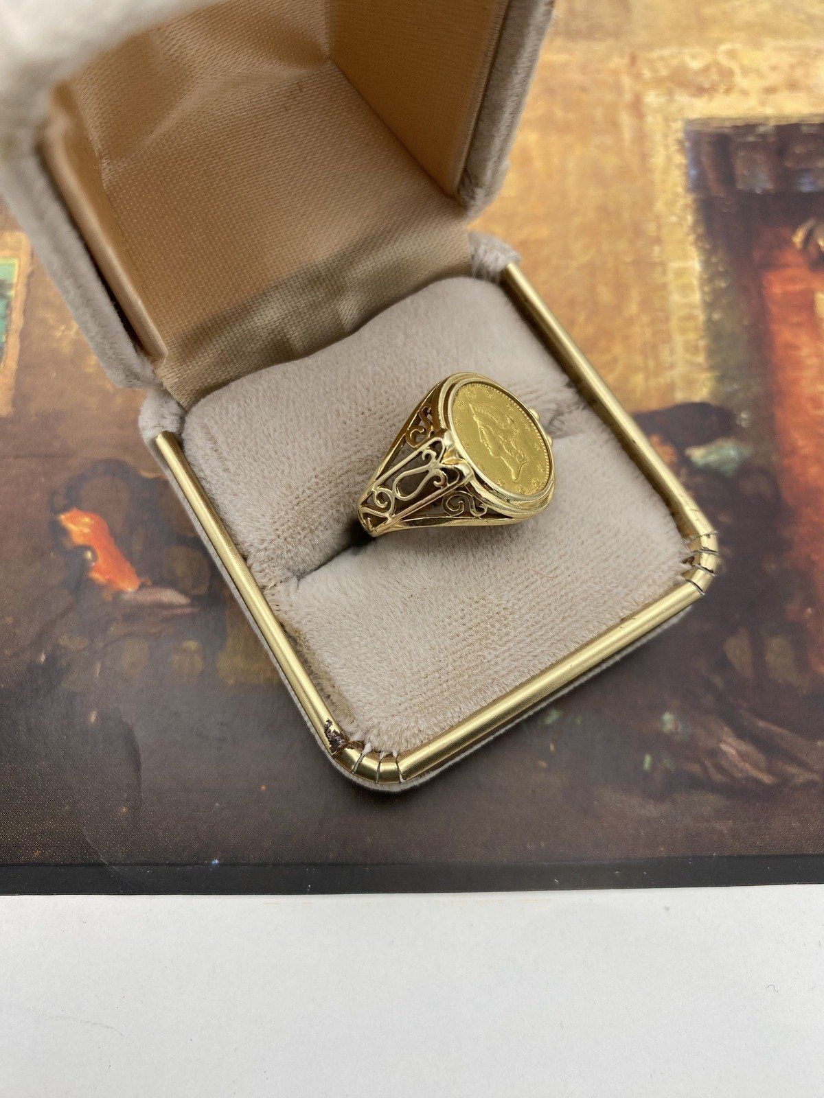 14K Gold Ring with $1 Liberty Head Gold Coin Type 1 Filigree Setting. Sz 4.25 3