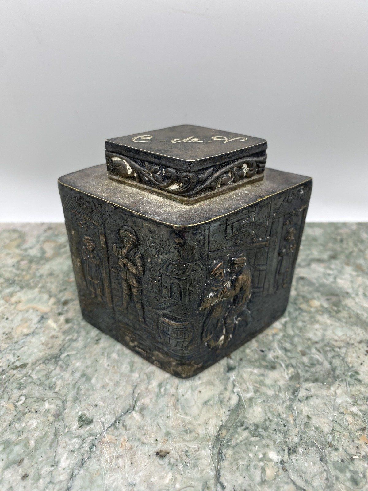 Antique Silver Plated Repousse Dutch Webster & Sons Figural Tea Caddy w C-de-V Detail