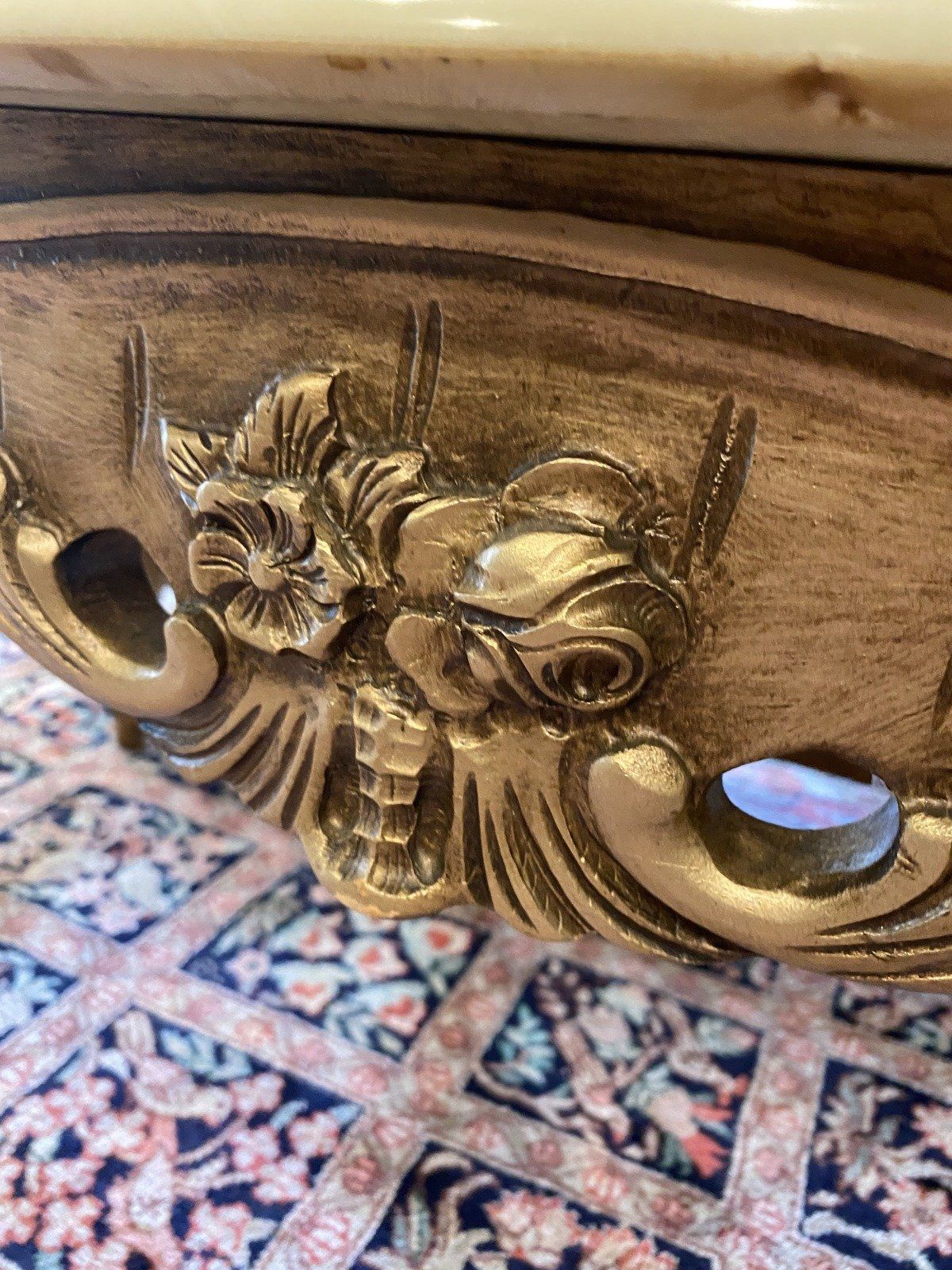 Modern Victorian Inspired Marble Top + Blonde Gilt Coffee Table 4