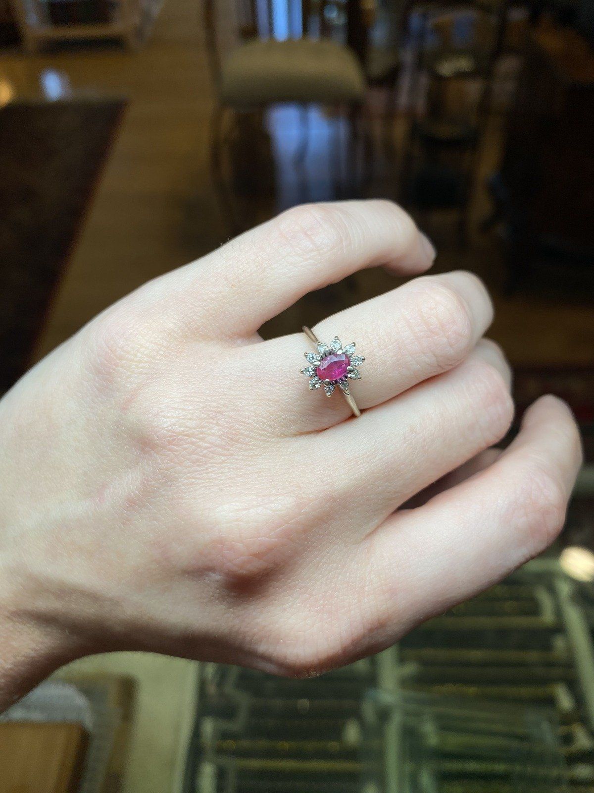 Antique 14k White Gold Oval Ruby + Diamond Flower Solitaire Ring 7