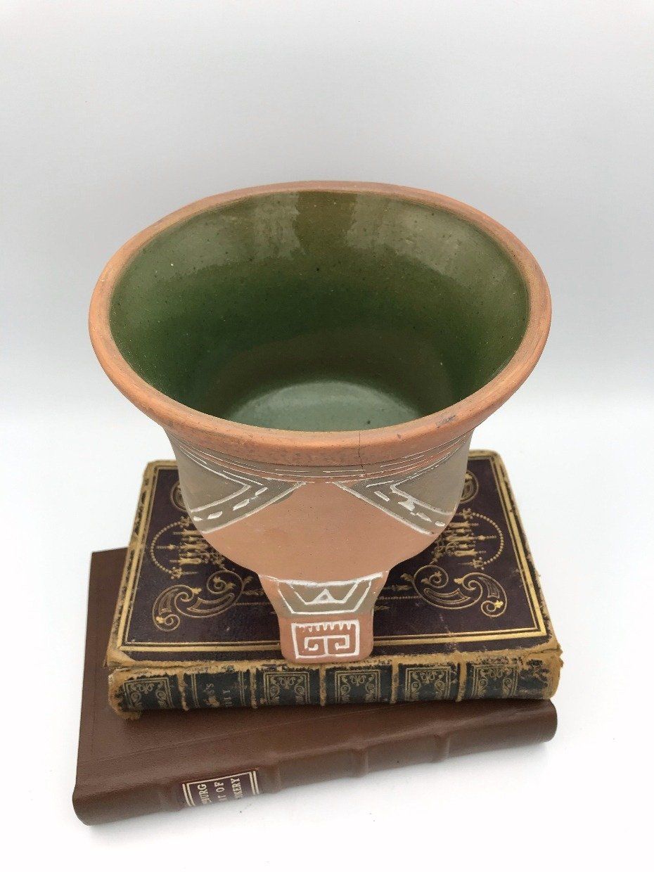 Footed Terra Cotta Pot w Green Glaze Interior 3