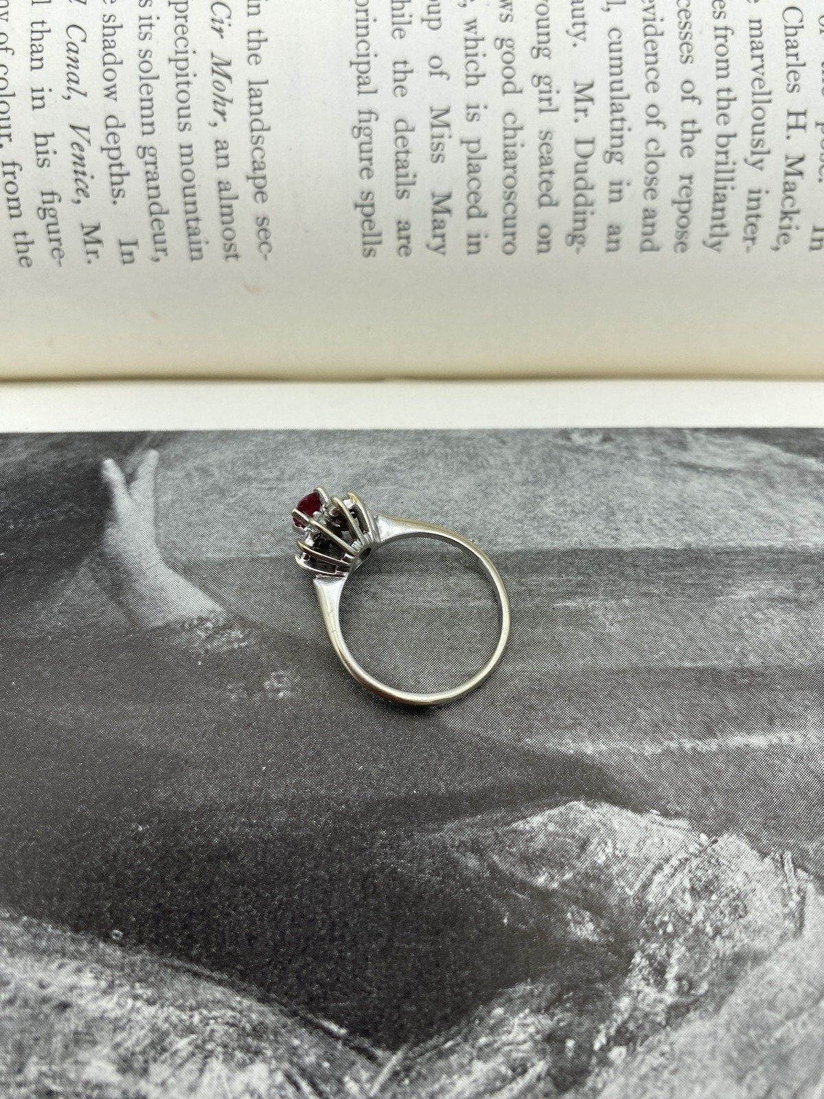 Antique 14k White Gold Oval Ruby + Diamond Flower Solitaire Ring 2