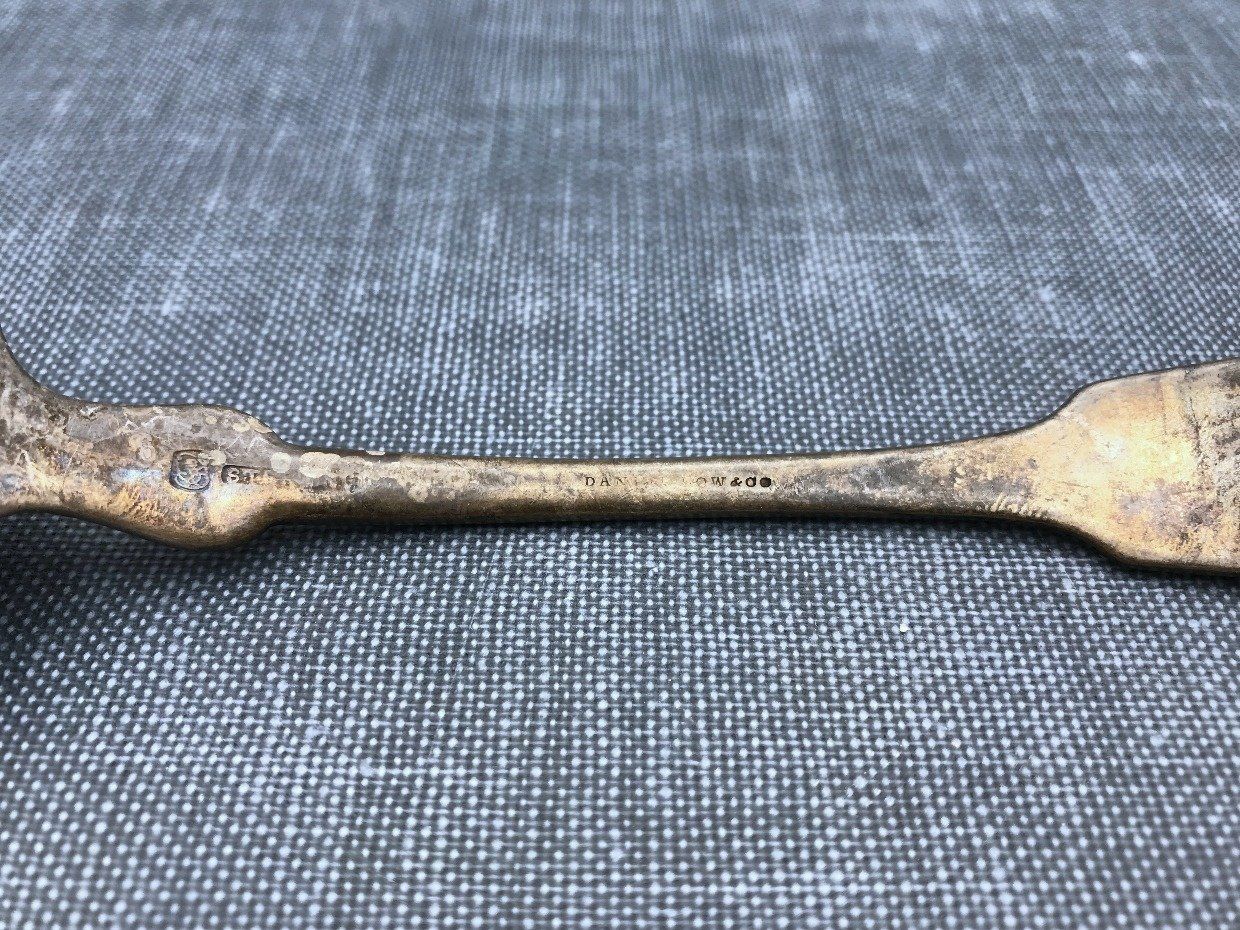 Antique 19th century c.1884 Daniel Low & Co. Sterling Silver Serving Spoon with Monogram + Hallmarks 3