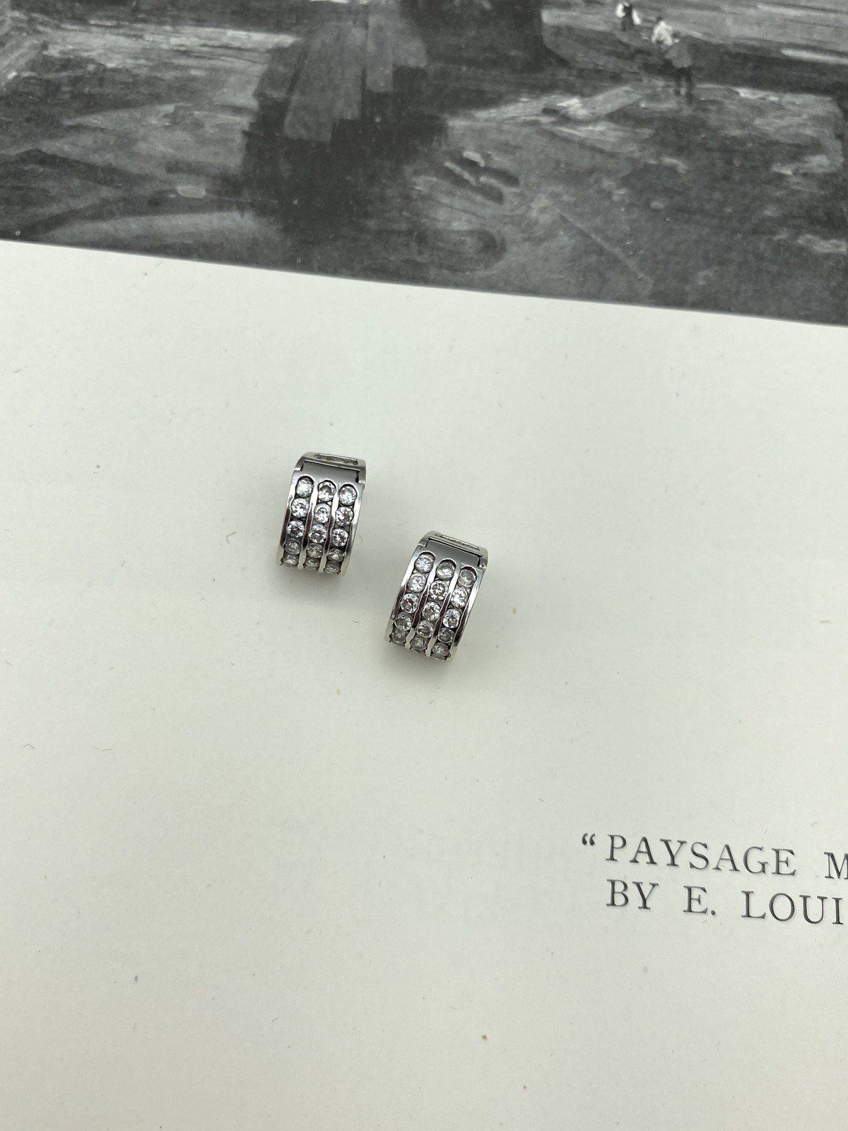 14k White Gold Trio Channel Pave Cubic Zirconia Huggie Hoop Earrings 9