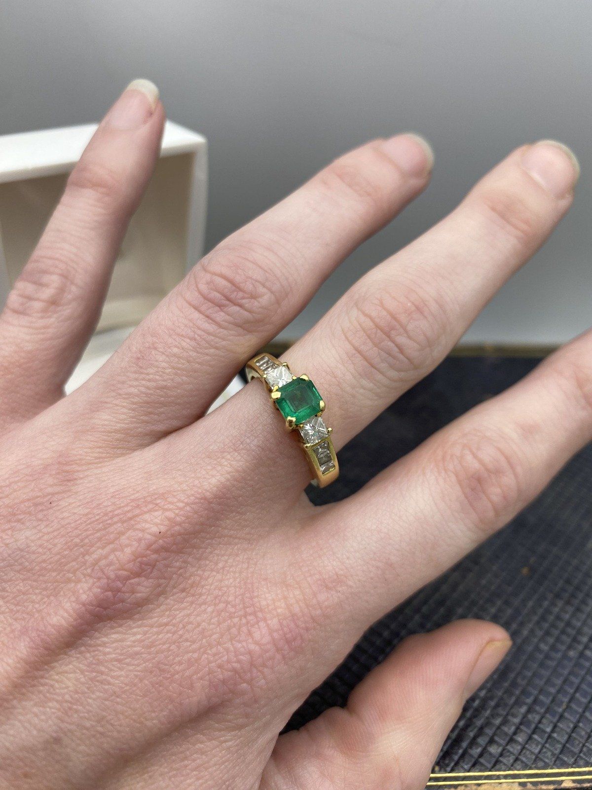 Lovely 18k Gold Vintage Asscher Cut Emerald + Princess Cut Diamond Shoulder Dress Ring 5