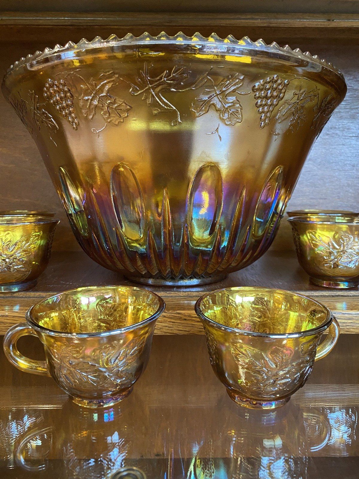 Indiana Carnival Glass Marigold Orange Carnival Glass Punch Bowl + 6 Cups 12