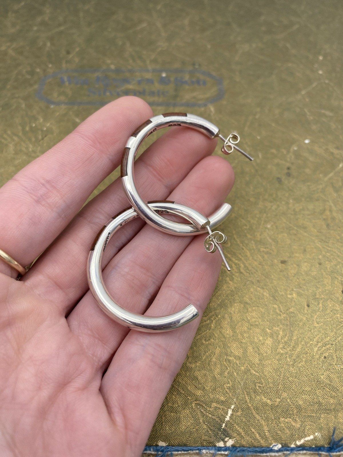Sterling Silver Mexico Mahogany Obsidian Inlay Large Hoop Earrings 4