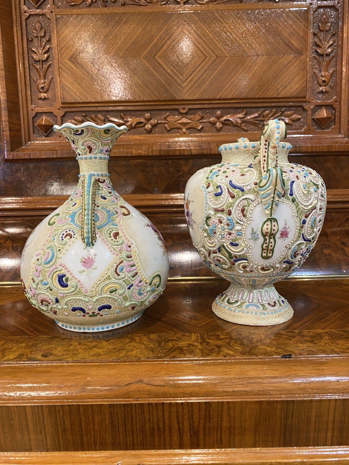 Antique Victorian Nippon Mirage Beadwork Hand Painted Handled Vase 9