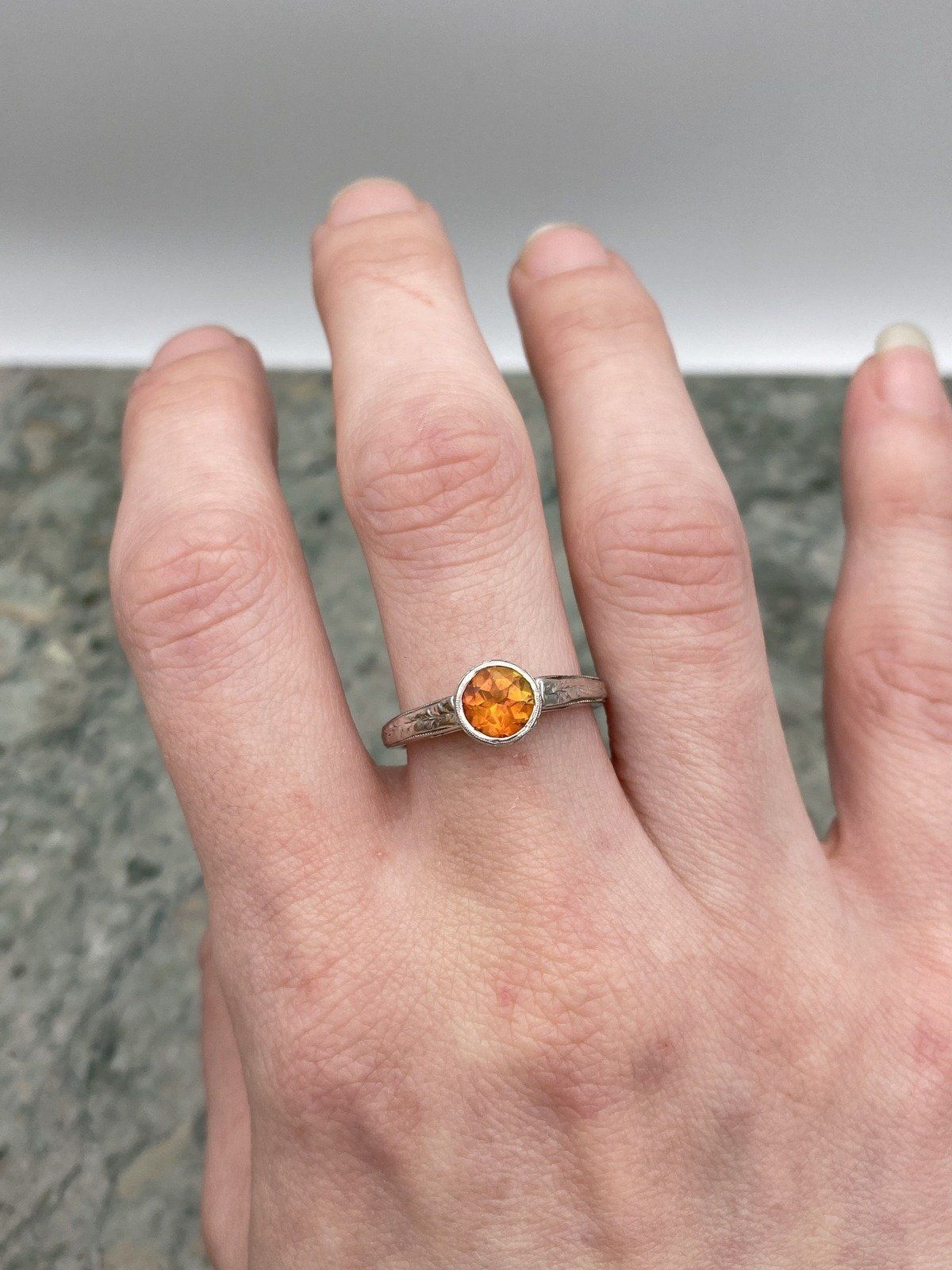 Spessartine Orange Garnet 14k White Gold Bezel Set Ring w Carved Band 8
