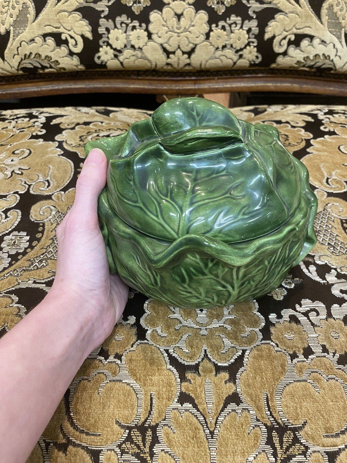 Vintage Holland Mold Lidded Cabbage Leaf Majolica Ceramic Serving Bowl + Lid 7
