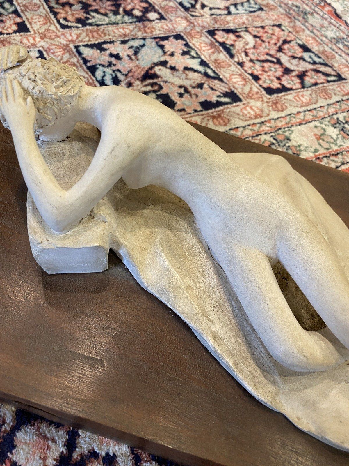 Signed Plaster Sculpture of Lying Figure w Wood Block Base D.PHILLIPS 8
