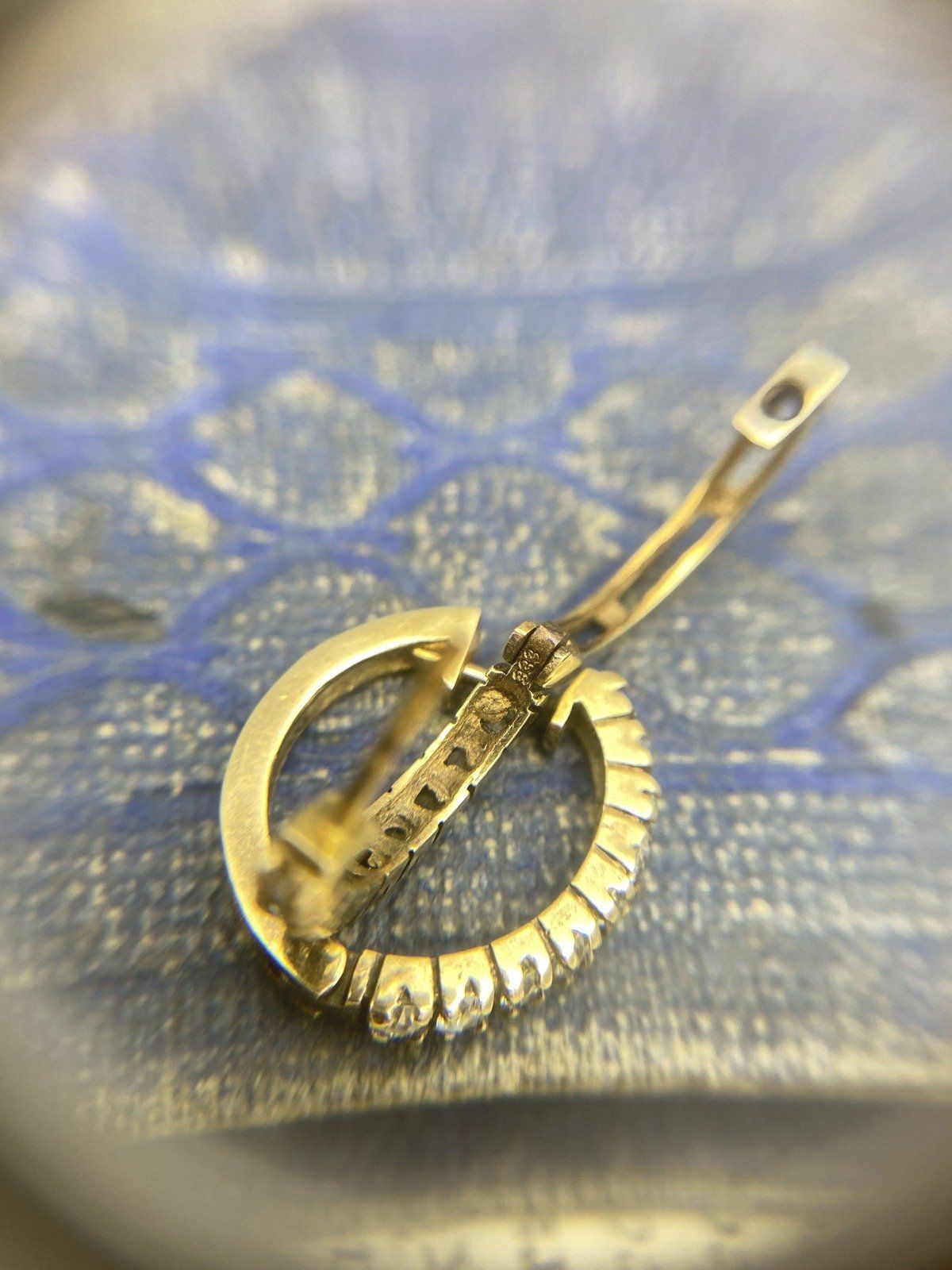 Antique German 9k Gold White Topaz Pave Sleeper Hoop Earrings 10