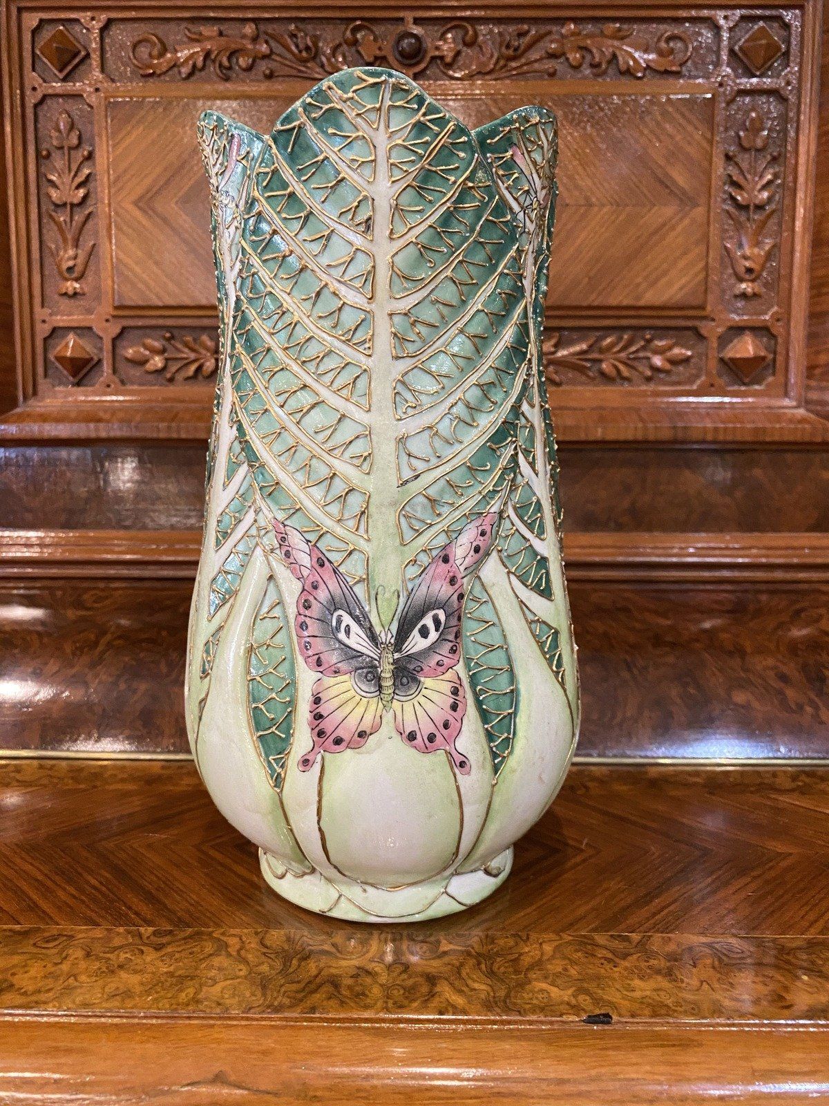 Antique Inspired Chinese Cabbage Leaf + Gilt Butterfly Vase 2