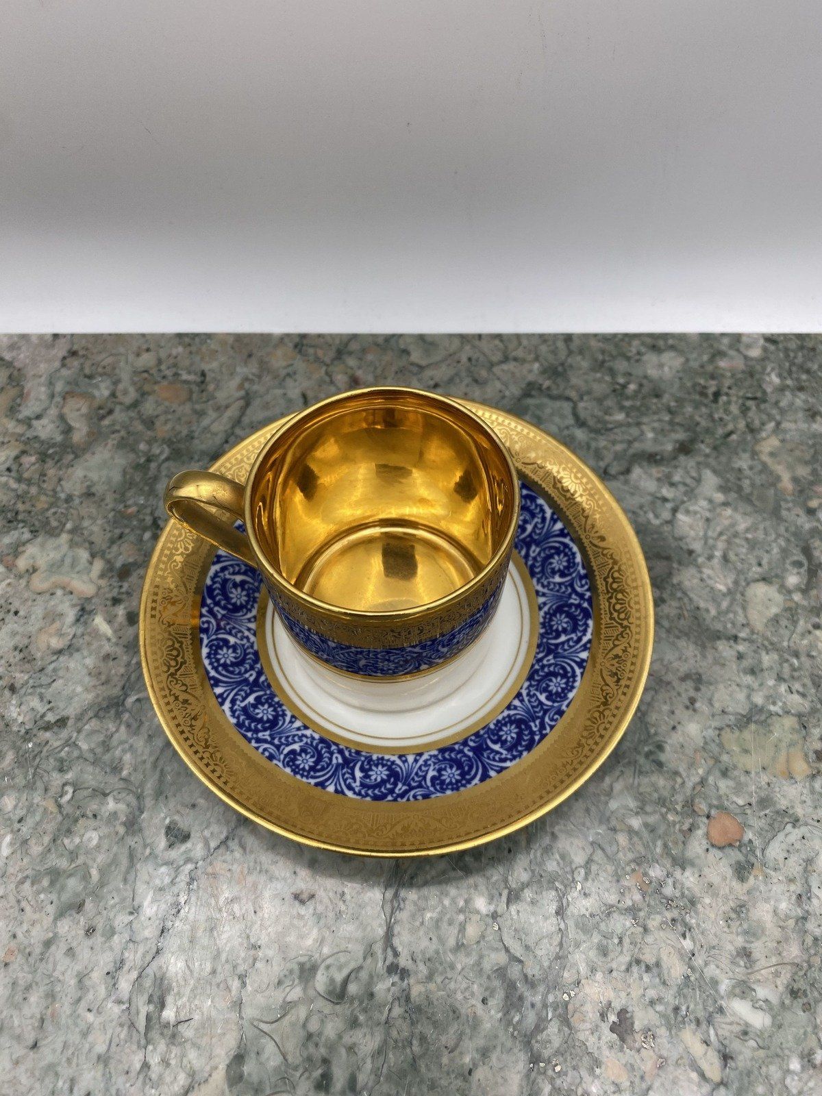 Legle Porcelaine d'Art Limoges French Flow Blue Acanthus + Gilt Demitasse Teacup + Saucer 3