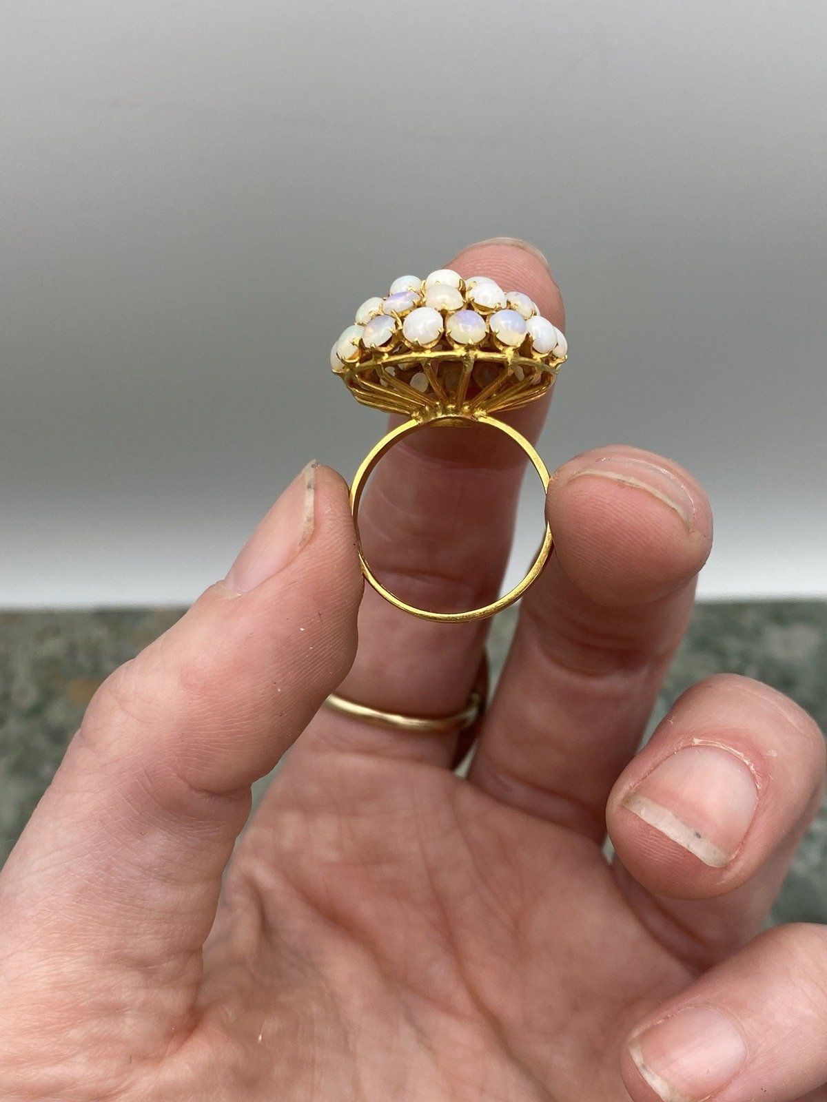 Antique 91.6k/90% Gold Purity Genuine Australian Opal Pave Bombe Ring #2777 8