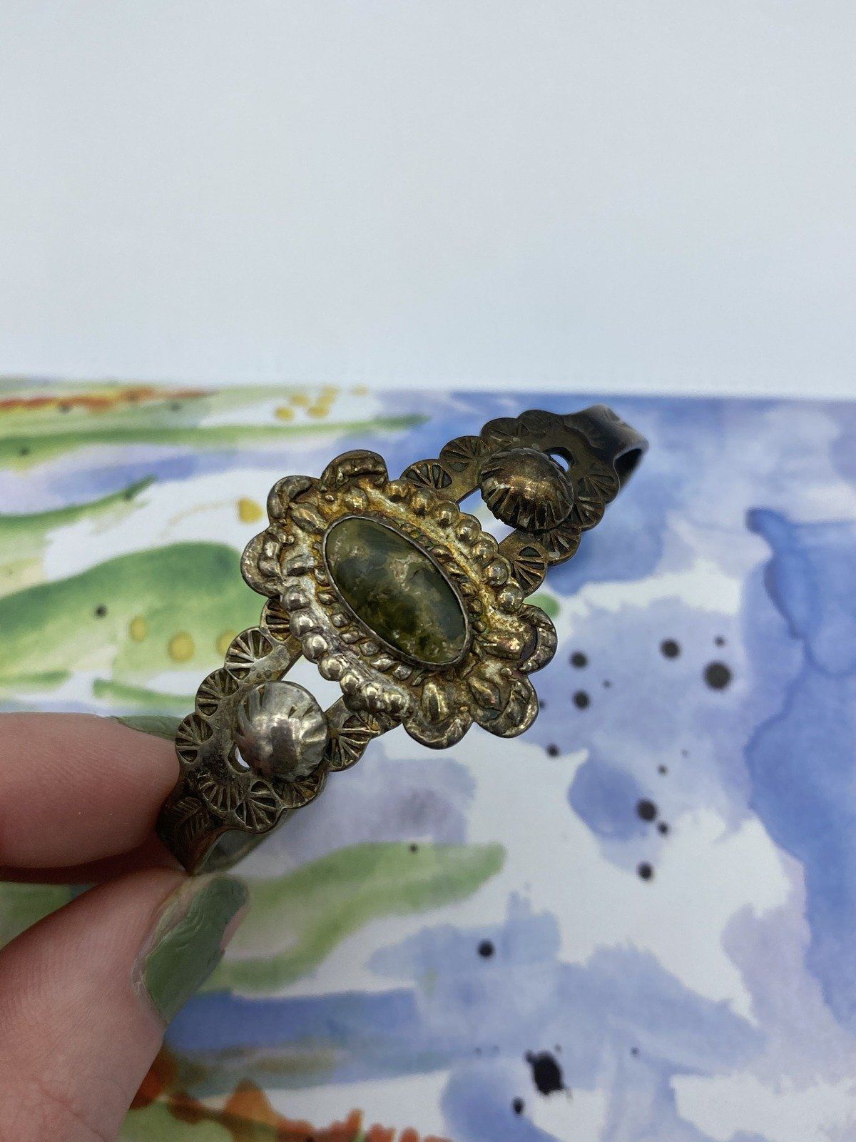 Vintage Sterling Silver Native Serpentine Jade Concho Bangle Cuff 2