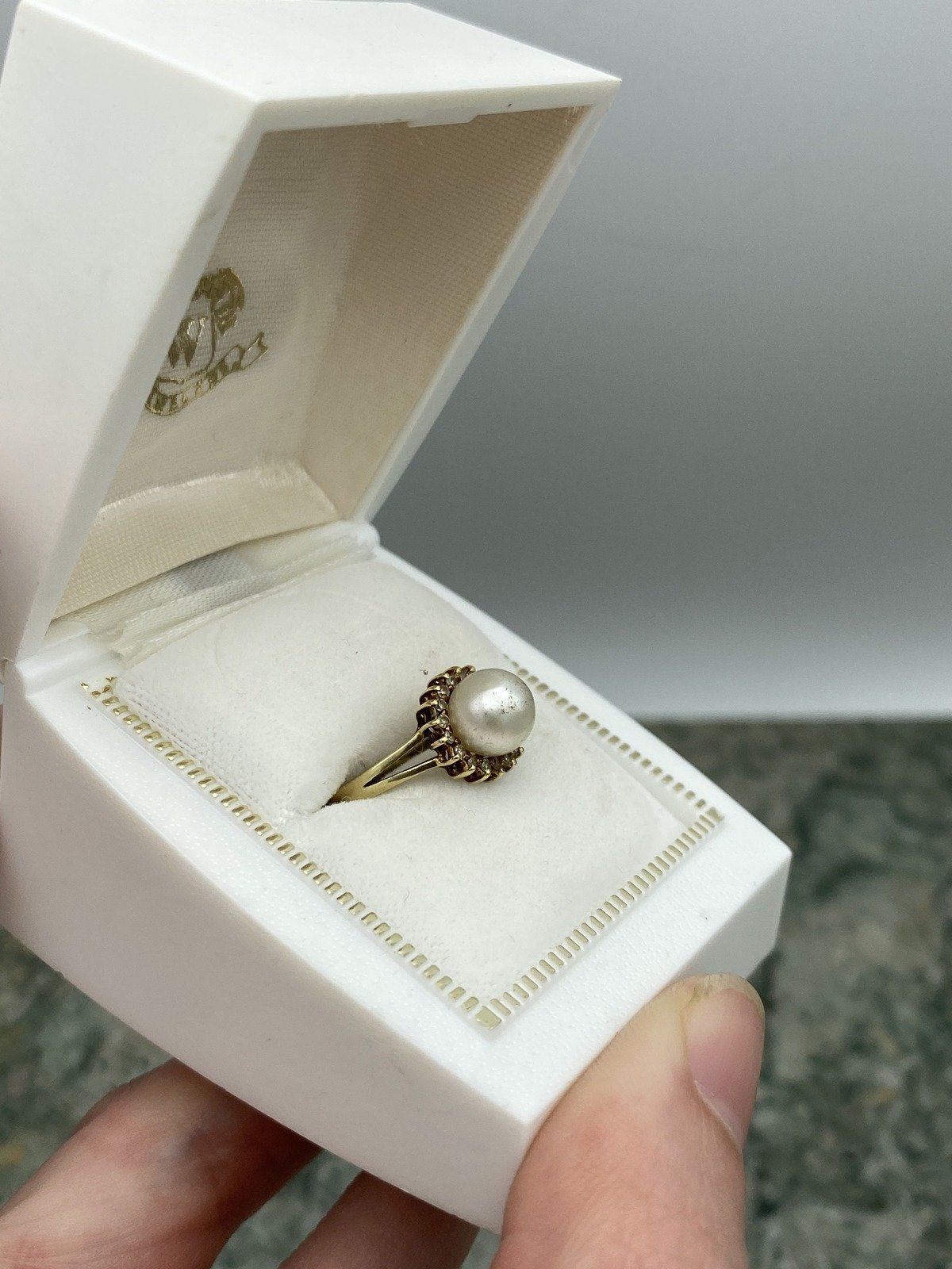 Vintage 14k Gold Cultured Pearl + Diamond Halo Ring 3