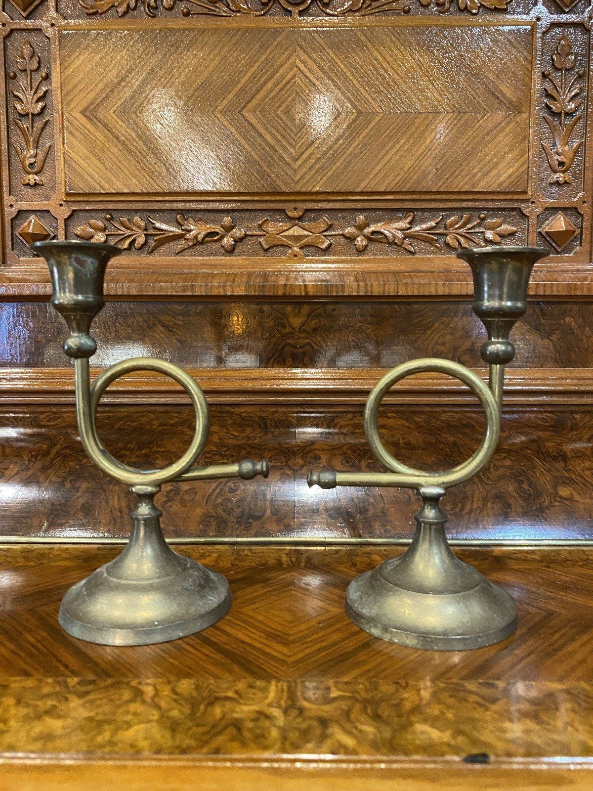 Brass Pair of Trumpet Candle Stick Holders