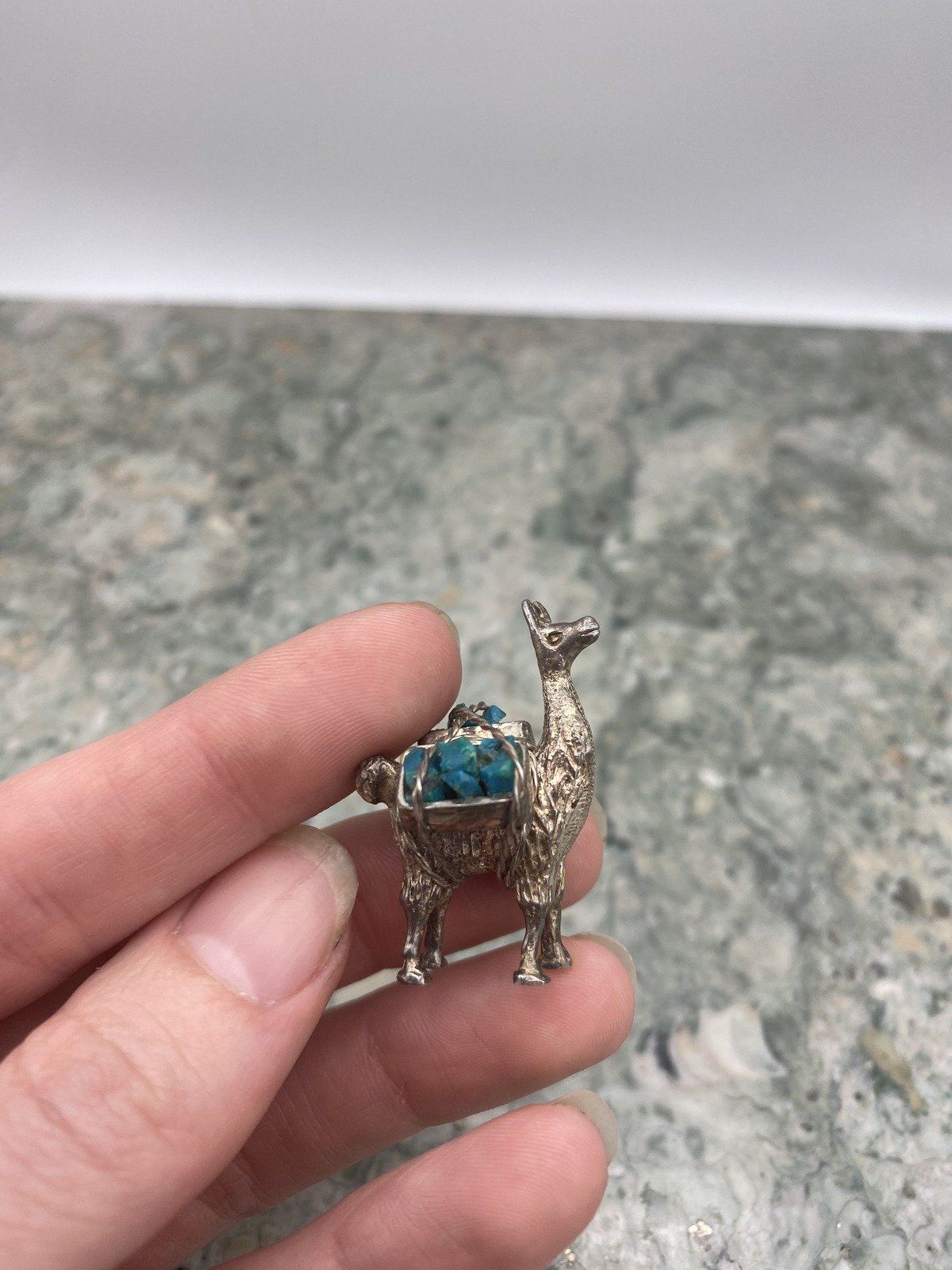 Tiny Unmarked/Tested + Researched Sterling Silver Miniature Alpaca w Turq. Saddle Bags