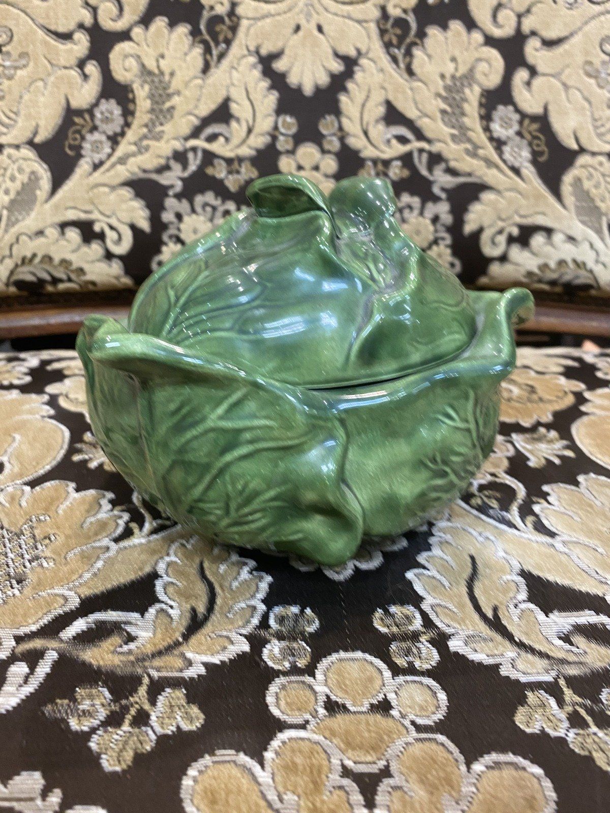 Vintage Holland Mold Lidded Cabbage Leaf Majolica Ceramic Serving Bowl + Lid 4