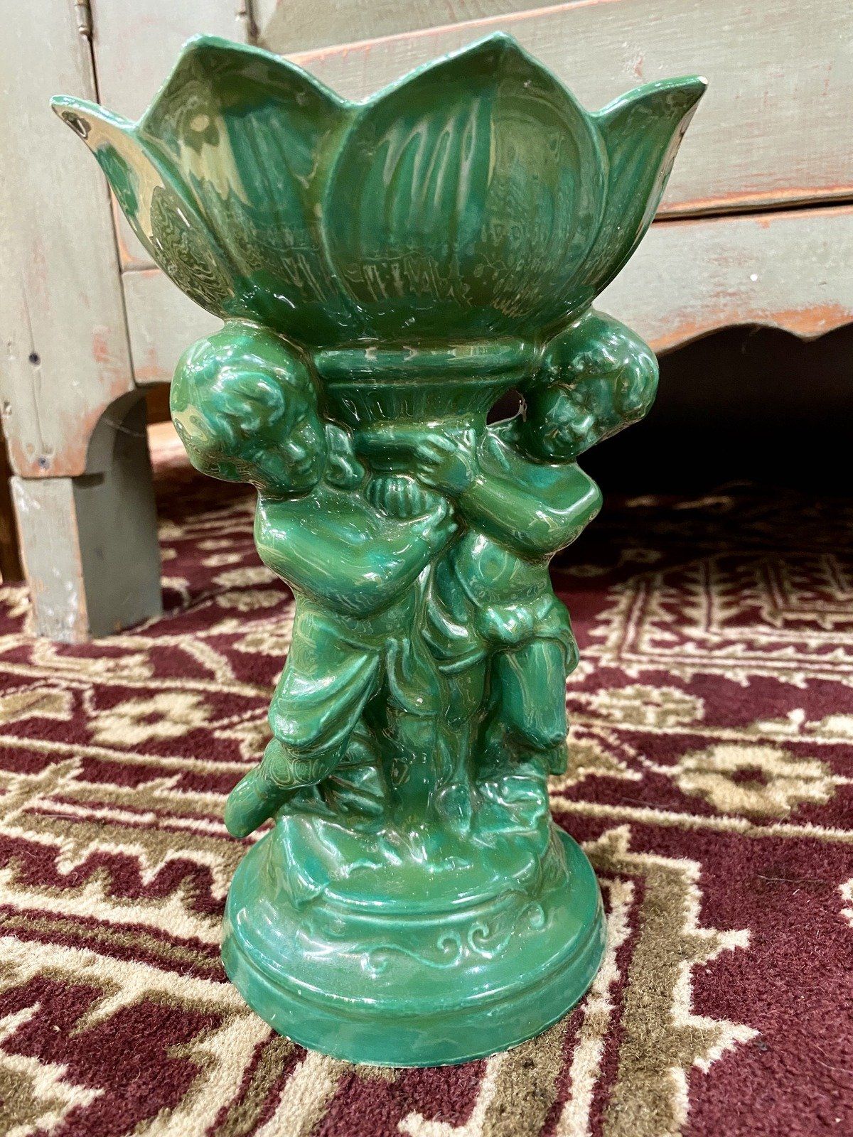 Vintage Signed VERNA GALLOWAY Twin Cherub Lotus Green Ceramic Pedestal Dish 3