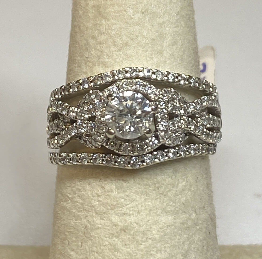 14k White Gold Bridal Brilliant Cut Diamond Ring with 1 Carat Center Diamond and Multiple Other Diamonds