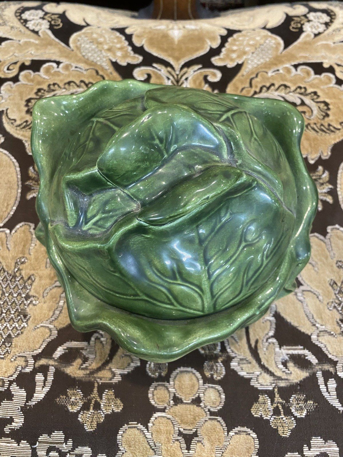 Vintage Holland Mold Lidded Cabbage Leaf Majolica Ceramic Serving Bowl + Lid 3