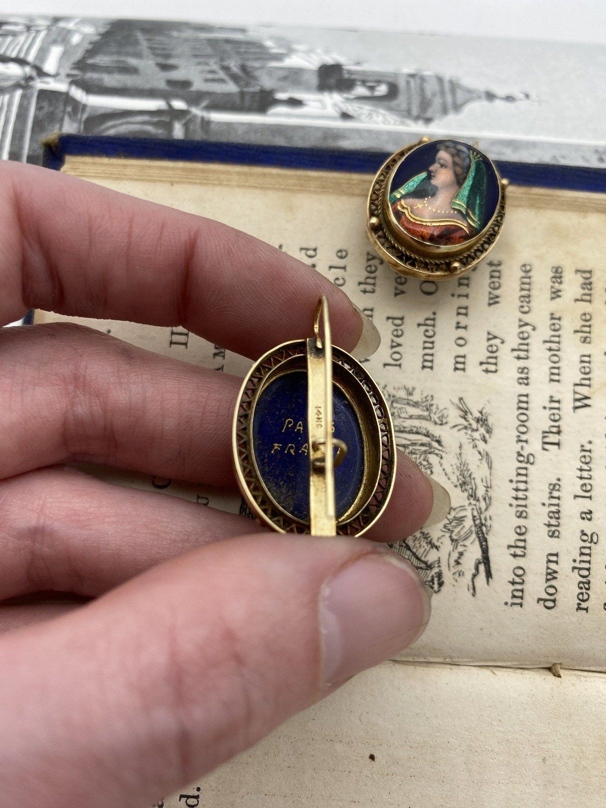 French Antique 14k Enameled Miniature Portrait Filigree Framed Drop Earrings 8