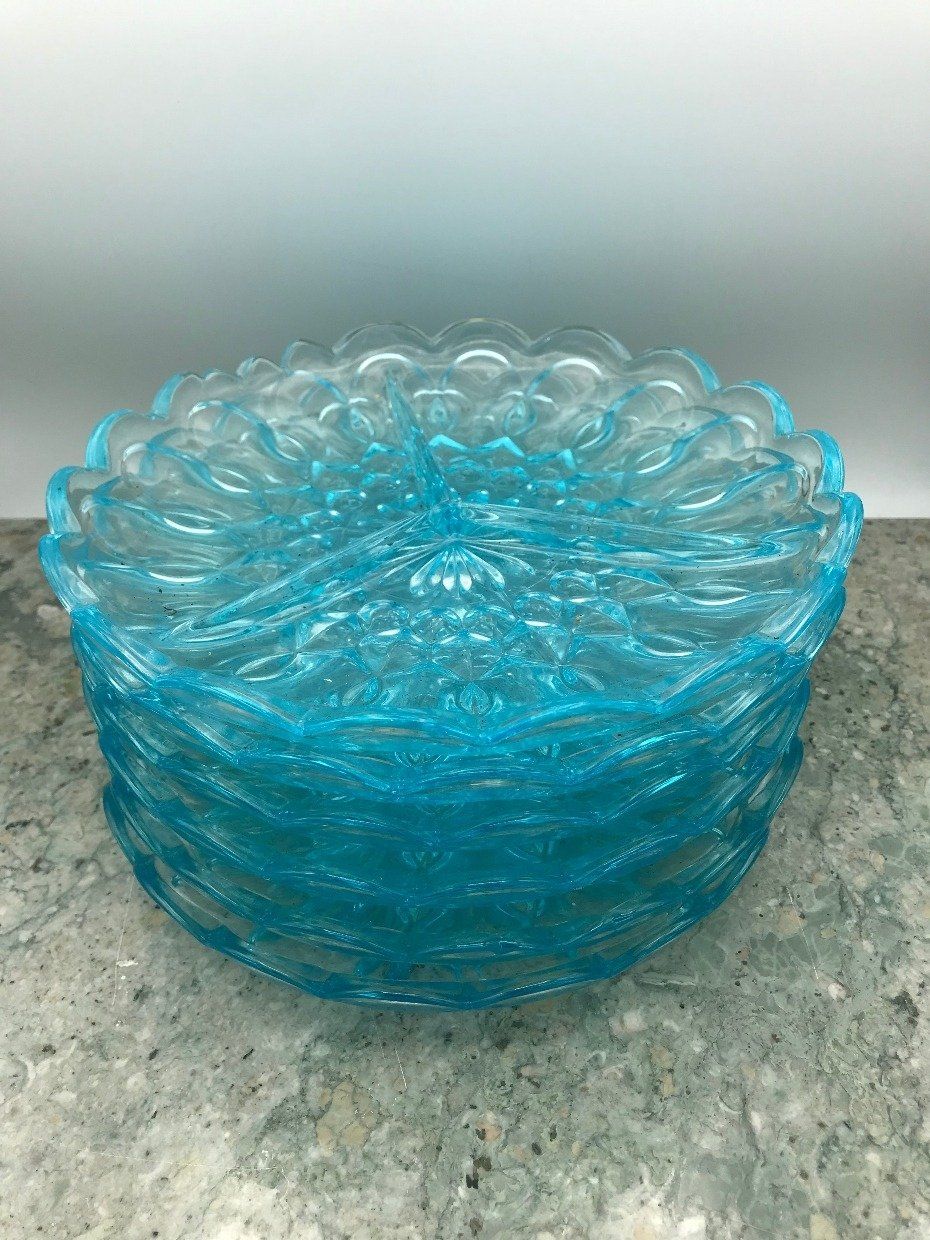 Aqua Blue Pressed Glass 3 Part Divided Plate 3