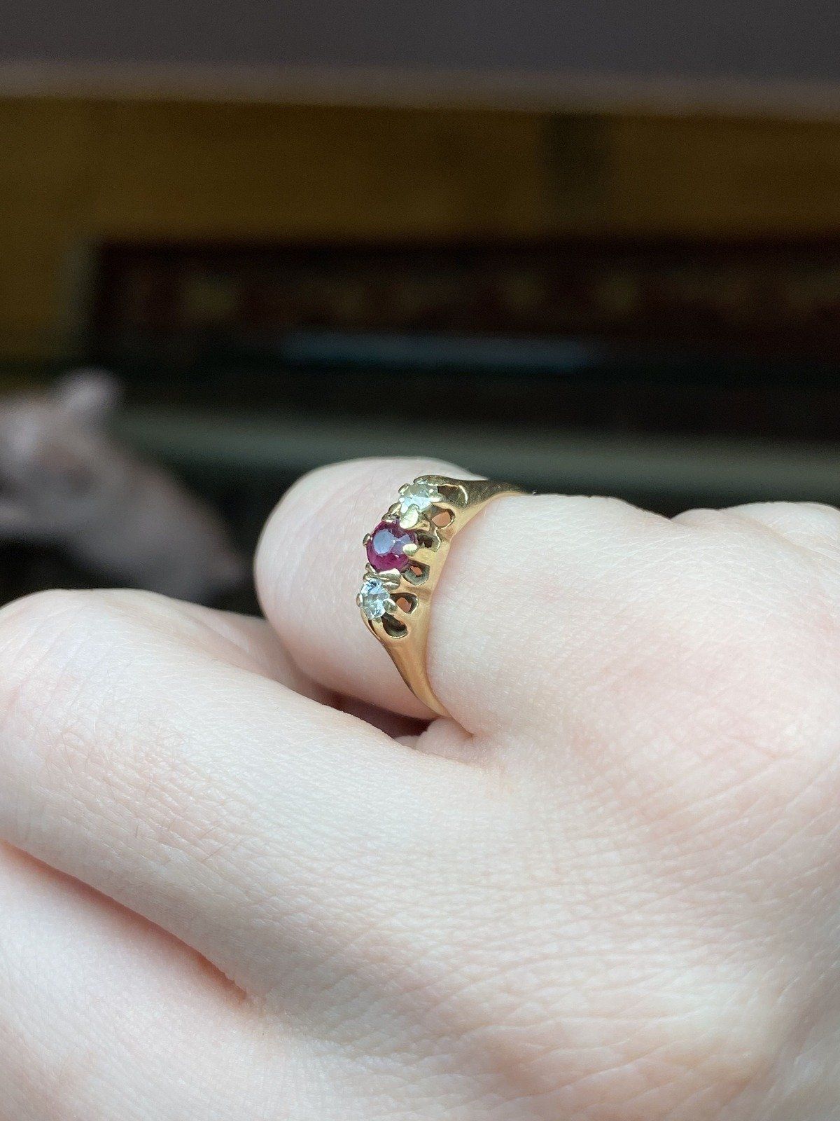 Very Old + Very Small Antique 18k Gold Ruby + Diamond Pinky Promise Ring 8